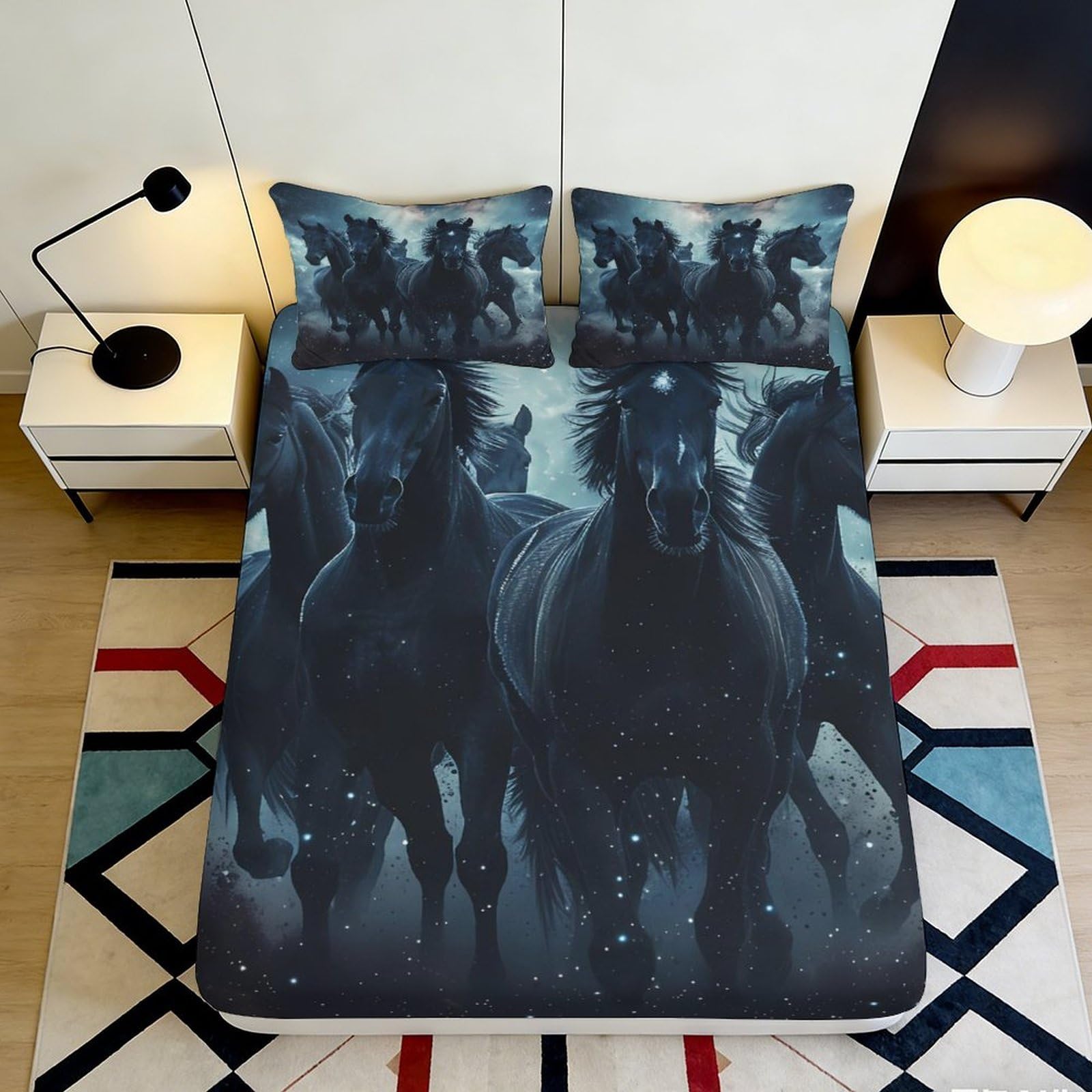 Jqzkxnhpbr Style-6 3D Printed Black Horse Fitted Sheet Microfiber Soft Breathable Wild Stallion Mattress Cover For Bedroom Dorm Decor 90X200x25cm
