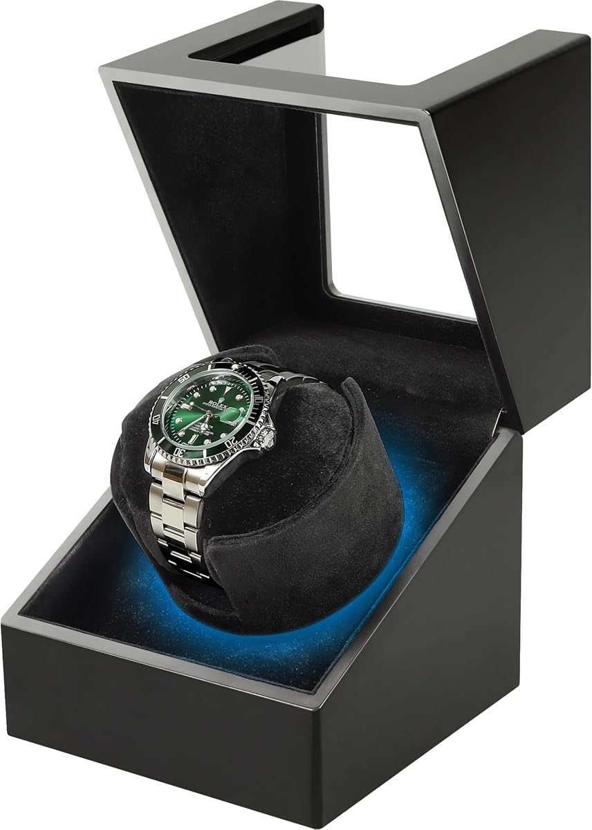 Watch Winder for Single Automatic Watch – Anti-Magnetic Quiet Japanese Motor, Battery or AC Powered, Acrylic Glass, T2/S6 Intermittent Modes, Self-Winding Watch Rotator, Ideal Gift for Men