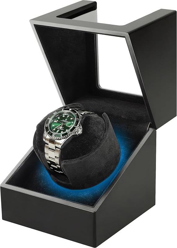 Watch Winder for Single Automatic Watch – Anti-Magnetic Quiet Japanese Motor, Battery or AC Powered, Acrylic Glass, T2/S6 Intermittent Modes, Self-Winding Watch Rotator, Ideal Gift for Men