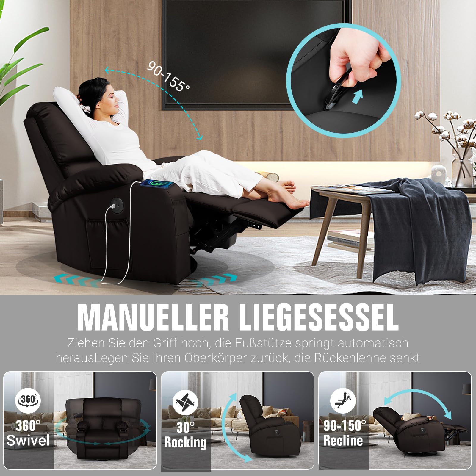 Schaukelstuhl mit Relaxfunktion, Massagesessel mit Vibration und Wärme, USB- und Type-C-Anschlüsse, 360° drehbare Kunstledersessel, Wohnzimmer, Schlafzimmer, Kinderzimmer, Wohnmobil, Braun