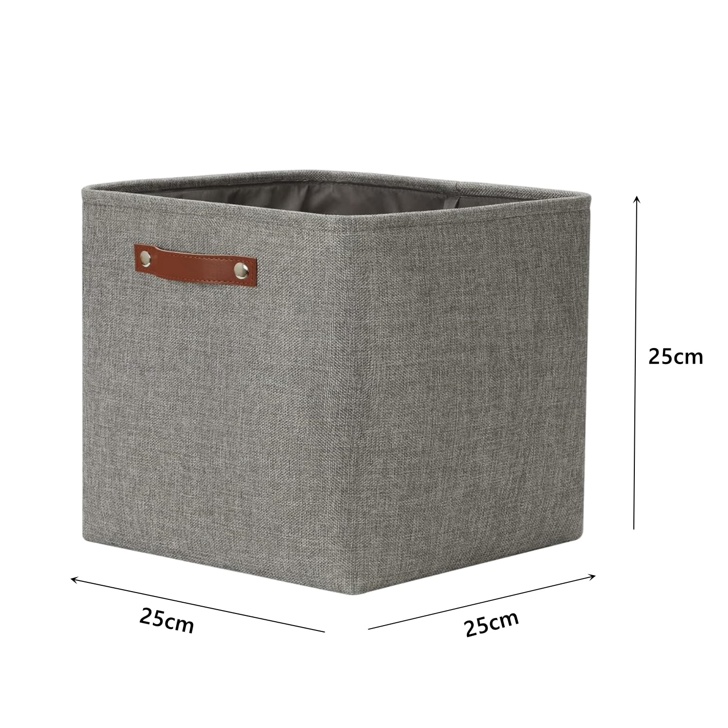Mangata Collapsible Storage Cube Boxes, 25CM Cube Linen Woven Fabric Storage Baskets with Leather Handles 3PCS(Grey) - Image 2