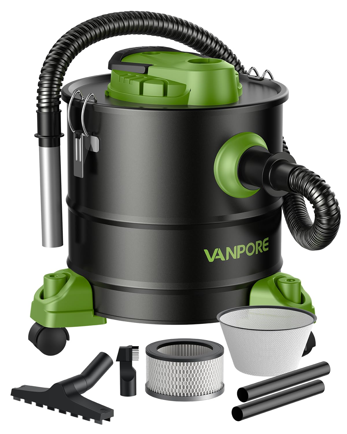 VANPORE Aspiracenere da 5,2 Galloni con Base con Ruote e Potenza di Aspirazione di 1200 W, Aspiracenere per Stufe a Pellet, Caminetti, Grill, Stufe a Legna, Bracieri, Verde