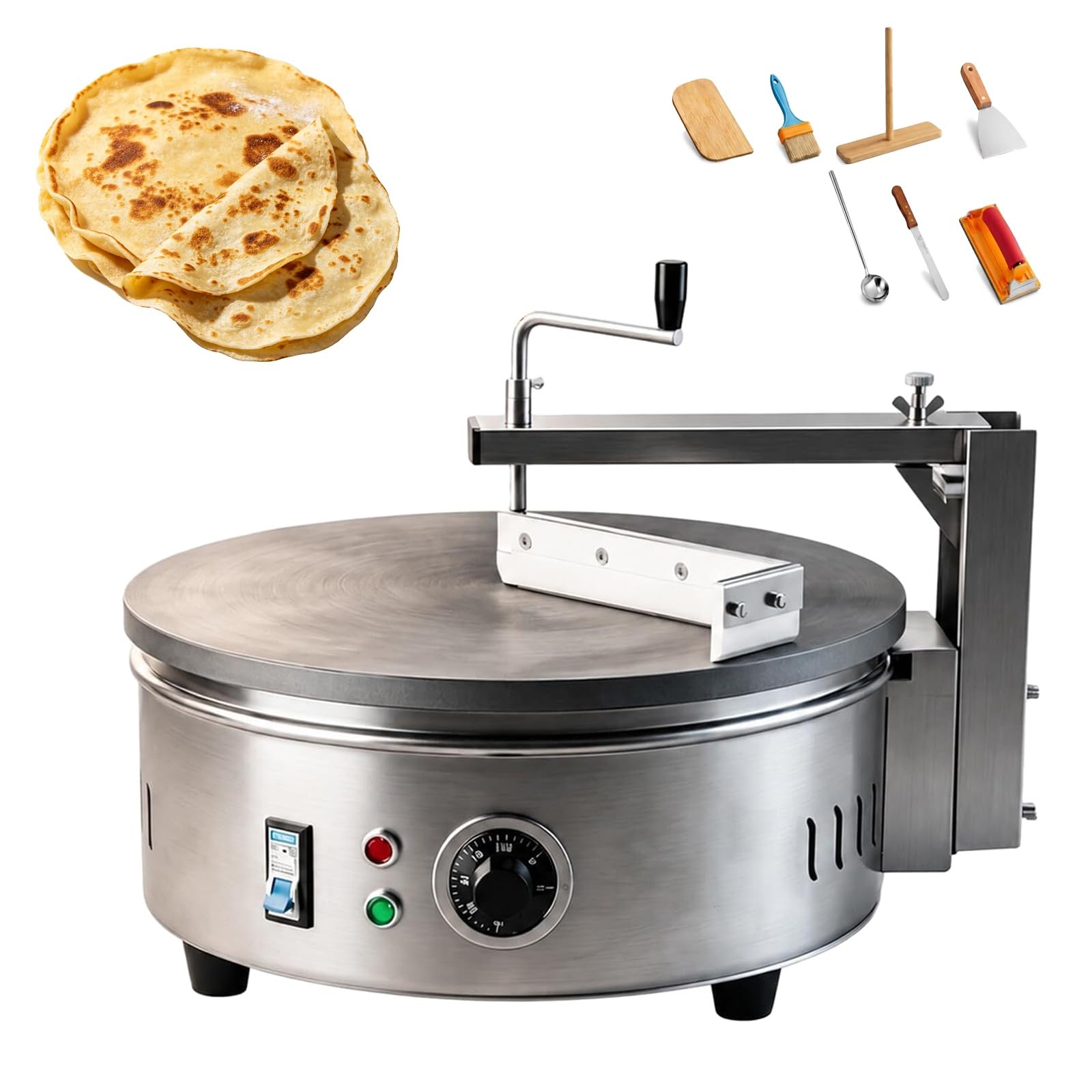 GYKOZY 220v Commercial Pancake Griddle, Electric Crepe Maker with 7 Auxiliary Tools, Thermostatic Control, 40cm Non-Stick Hotplate, Semi-Automatic, for Snack Shop, Home