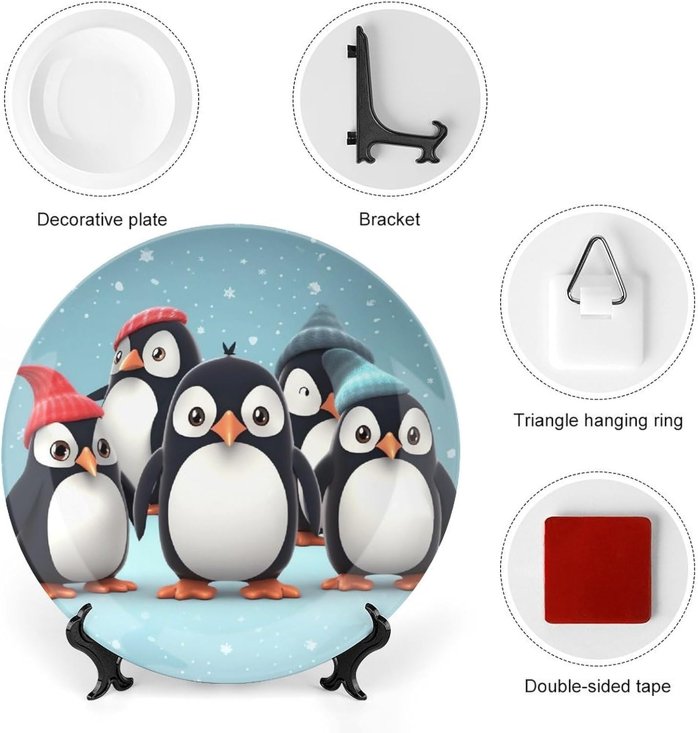 Cute Penguins Ceramic Decorative Plate for Office Decor, Chinese Style Decorative Dish with Stand, Dinner Dish Decorative Plates for Wall Hanging Bone Collections Plates 10inch