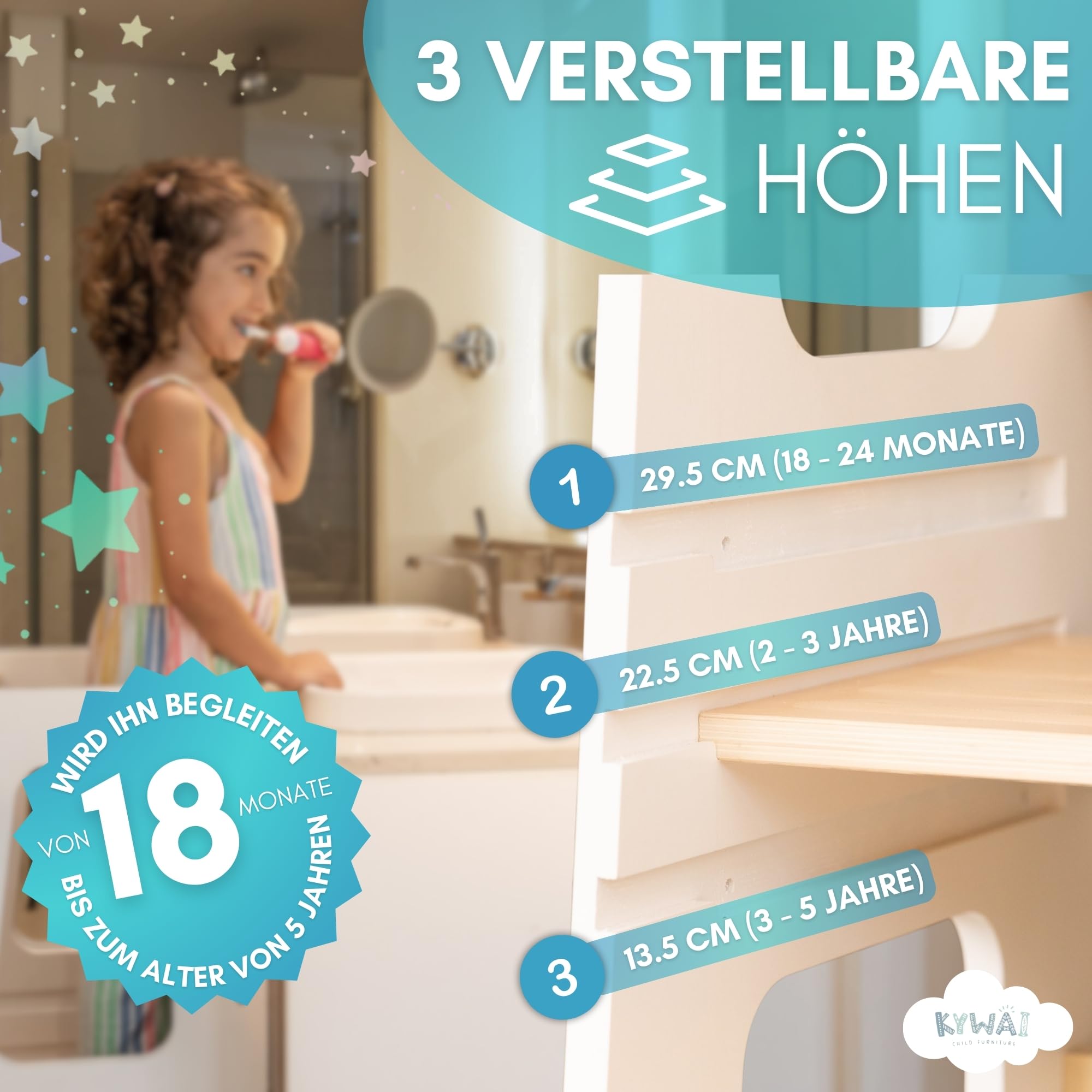 Montessori Lernturm ab 1 Jahr aus robustem Holz Premium-Modell Großformat Learning Tower mit Doppelter Sicherheitsbarriere Antirutschstreifen Höhenverstellbar