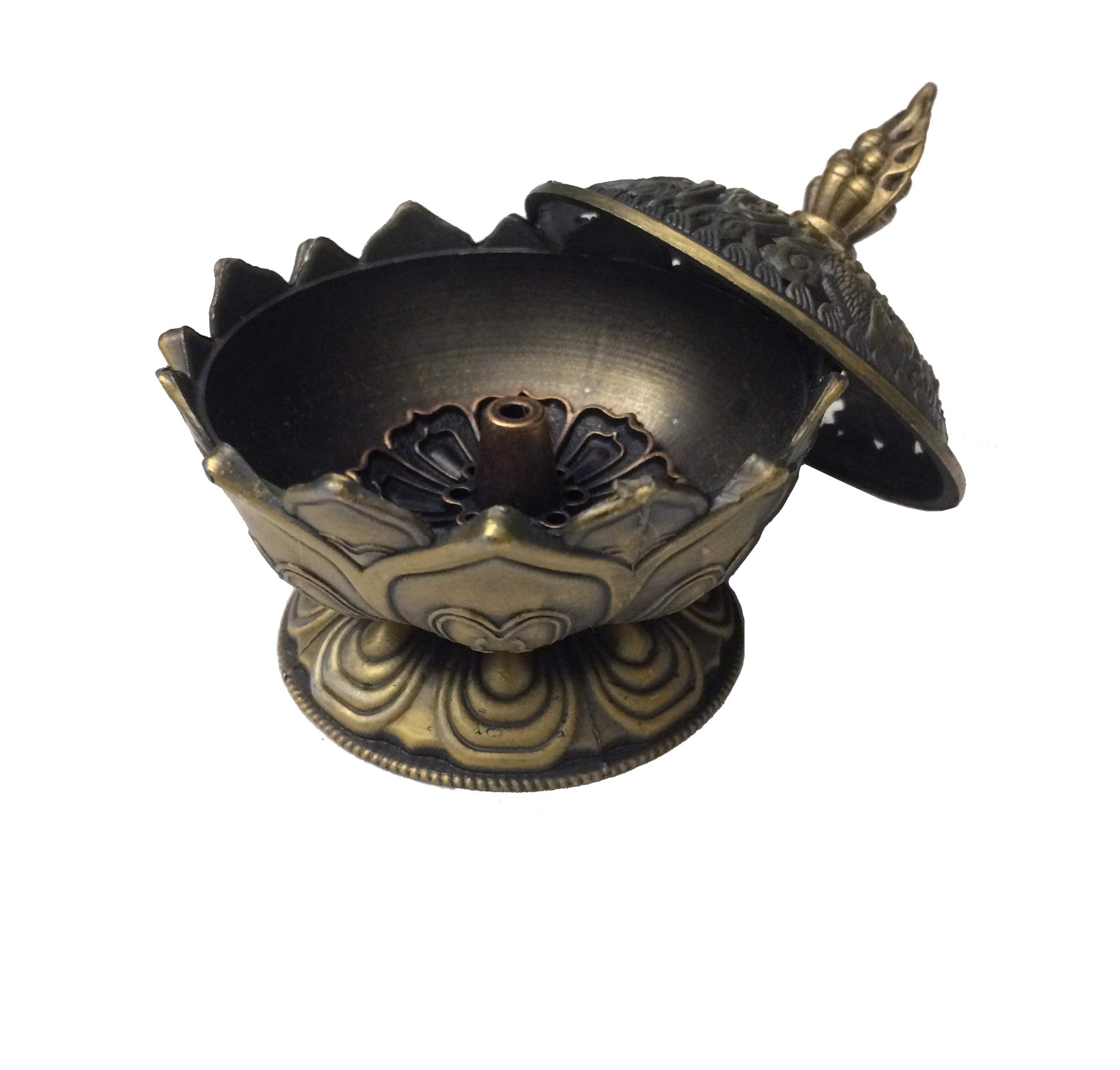 Brûleur encens lotus bronze antique tibétain bouddhiste sauge blanche