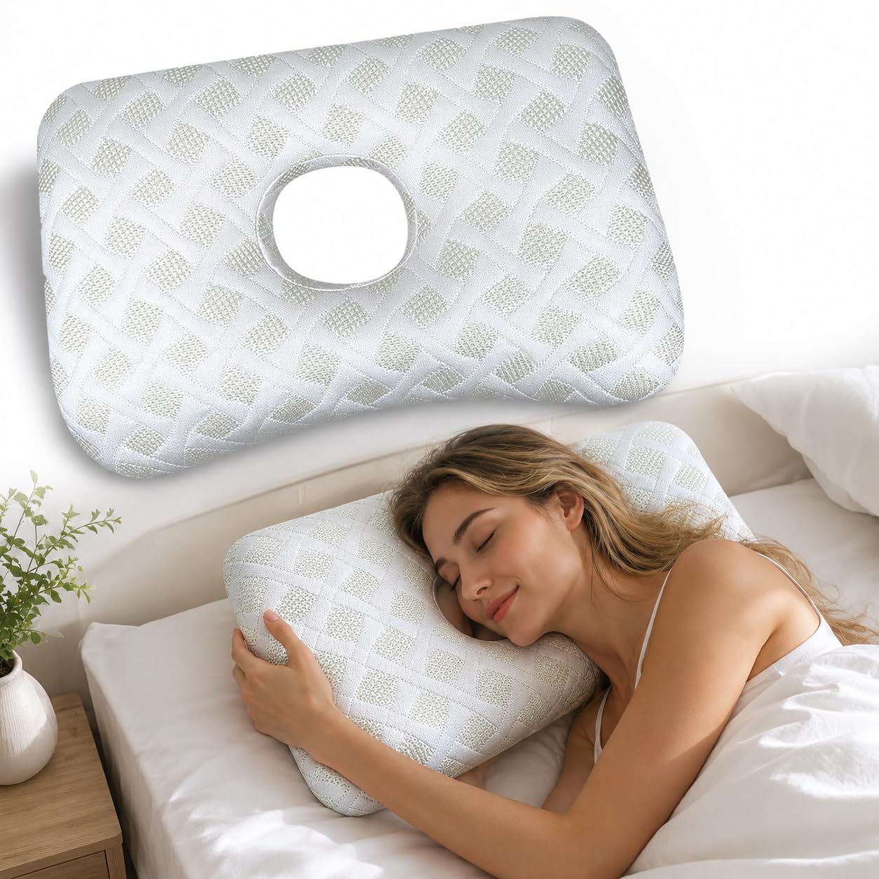 SZSMART Piercing Pillow, Memory Foam Pillow Ear Pillows with Ear Hole,Ear Piercing Pillow Ear Guard Inflammation Pressure Sores Pain Relief Sleeping Pillow for for Side Sleepers (white, L)