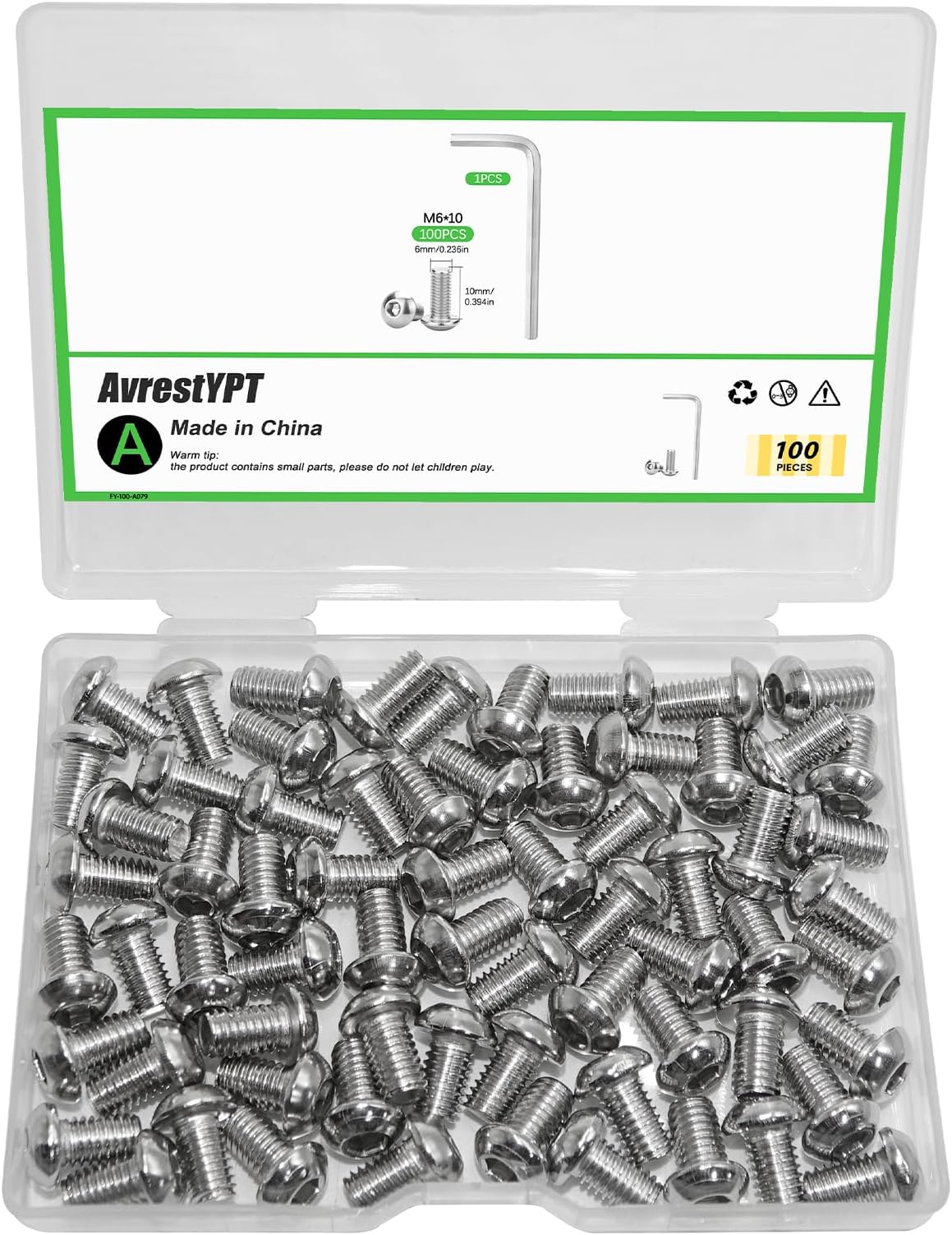 100Pcs M6 x 10mm Button Head Socket Cap Bolts Screws,304 Stainless Steel 18-8,Fully Threaded,with Spanner Allen Hex Drive, for Furniture,Water Pump,Light Fixture