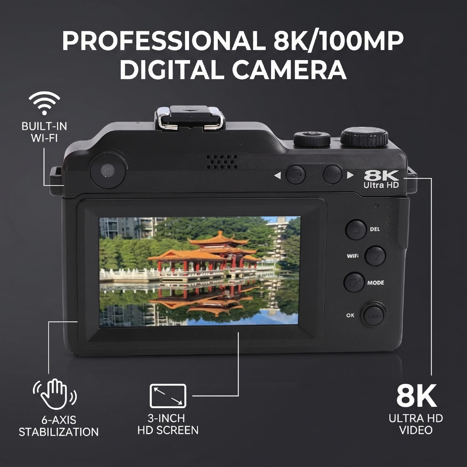 Generic Cámara Digital 8K, Cámaras WiFi de 100MP para Fotografía con Lente Dual de Pantalla HD de 3 Pulgadas, Enfoque Automático con Zoom 18X, Flash Incorporado, 8 Filtros Creativos, (64GB)