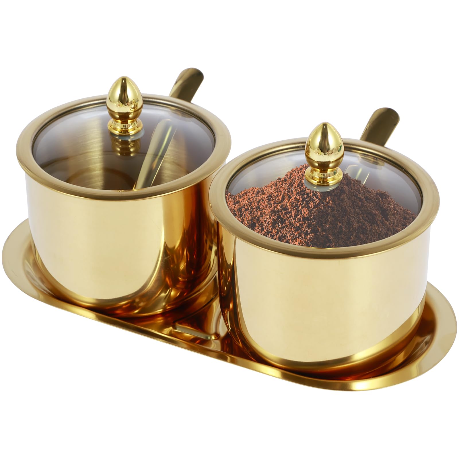 ZLHETWT Stainless Steel Sugar Bowl Set, Round Condiment Pots Polished Shiny Sugar Container for Salt Candy with Glass Lid Spoon and Tray Rustproof Seasoning Box (gold)