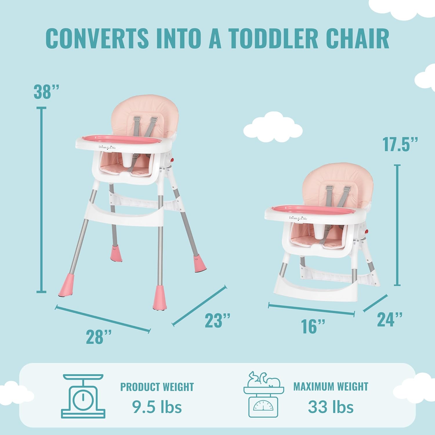 Portable 2-in-1 Tabletalk High Chair, Convertible Compact Light Weight Highchair, Pink