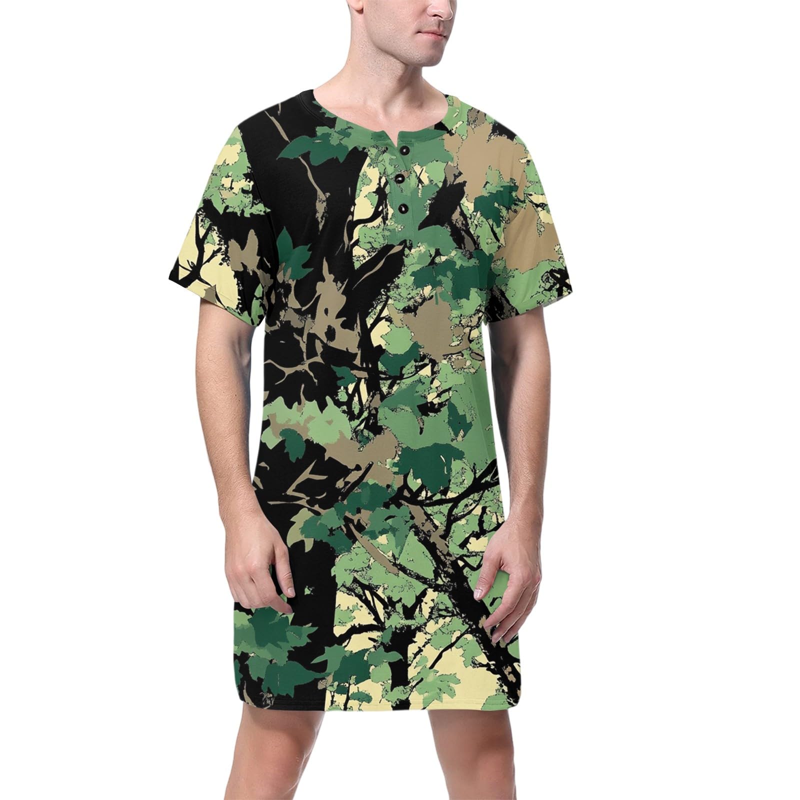 Herren knielanges Schlafshirt mit Henley-Kragen – Weiches Kurzarm Nachtwäsche-Hemd mit Bambusprint, Bequeme Loungewear