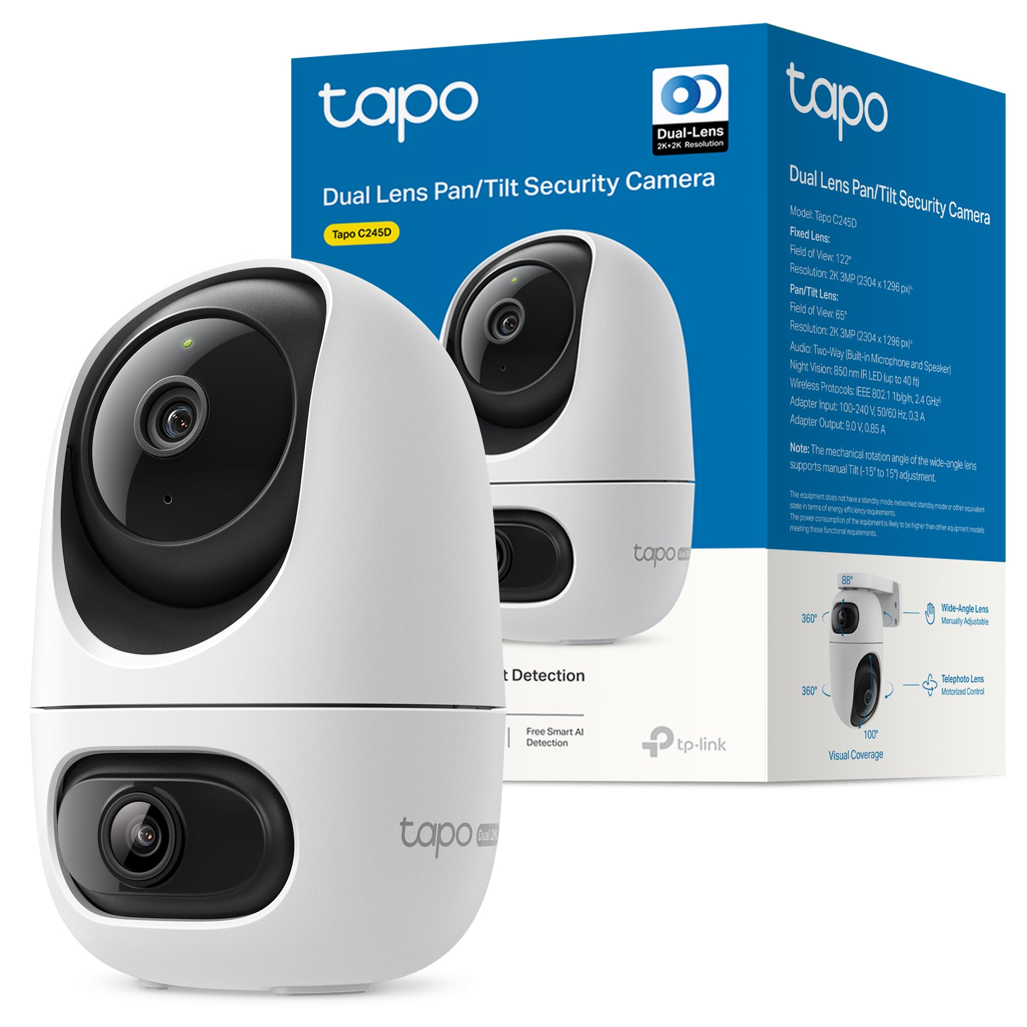Tapo C245D 2K Dual Lens Indoor WiFi Surveillance Camera, 360° Auto Tracking, AI Detection People/Pets/Vehicles, Night Vision, Two-Way Audio, Local Storage