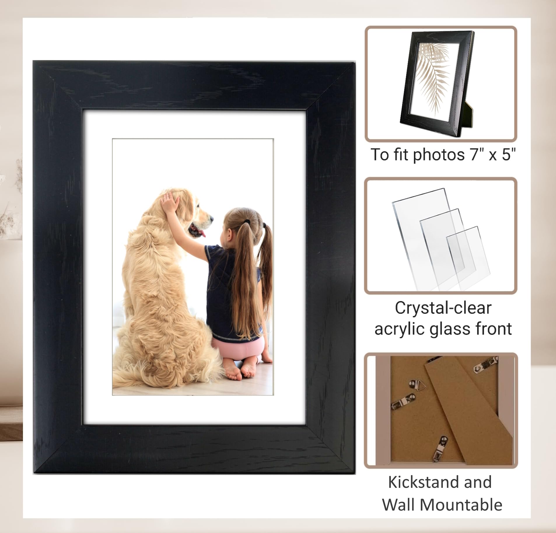 Picture Frame 7 x 5, Black, Freestanding and Wall Mountable, 13 x 18 cm, 7x5 Picture Frames, Black 5x7 Photo Frames - Image 3