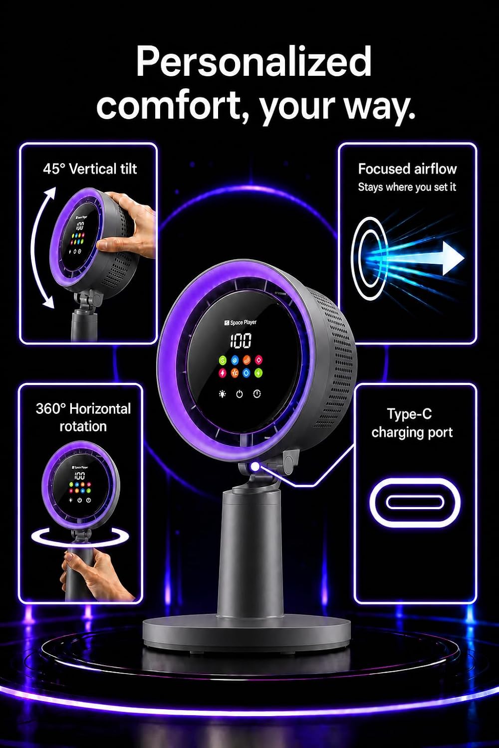 Space Player Rechargeable Desk Fan, 4000mAh, 4 Speeds, 8H Timer, LED Screen
