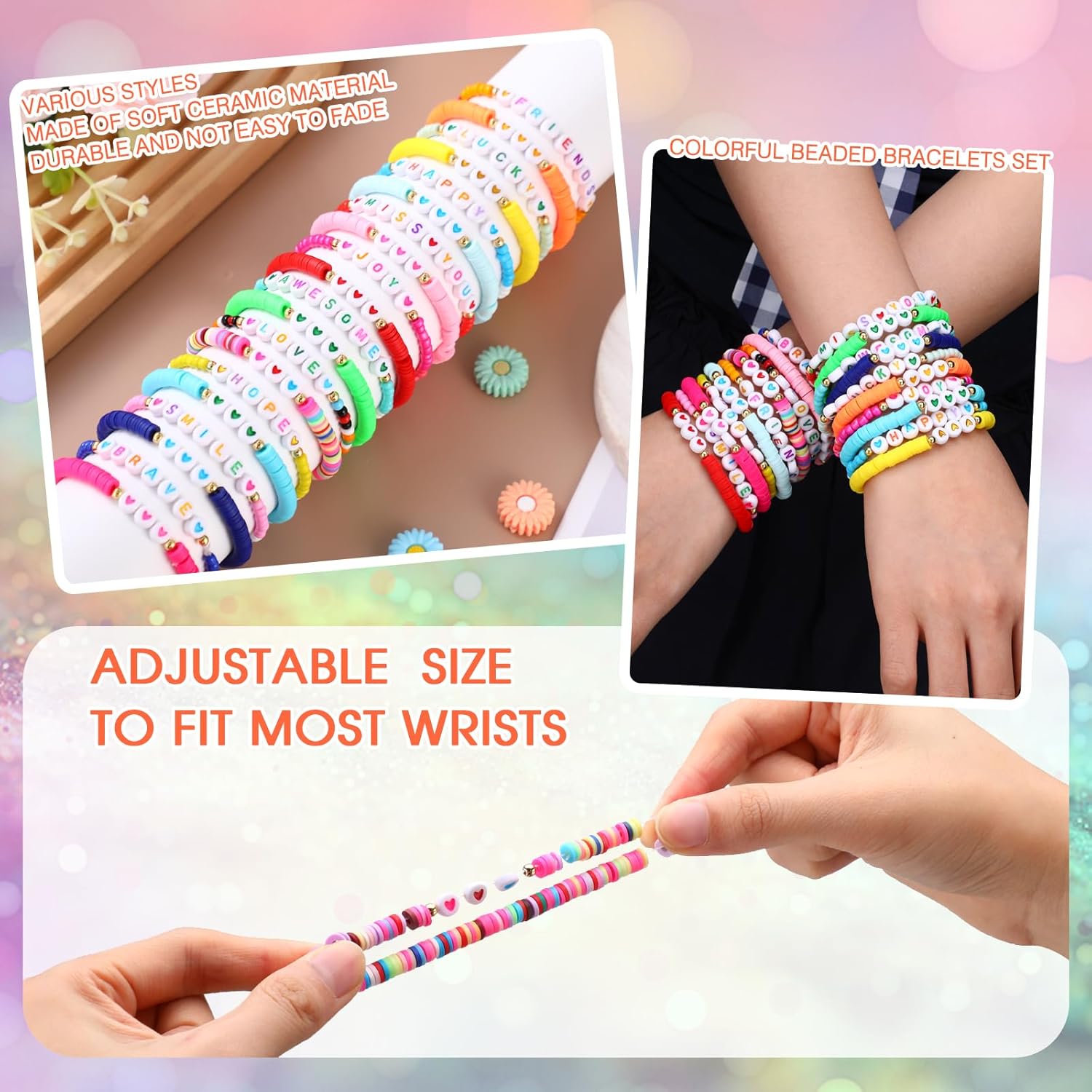 100 Pcs Beaded Friendship Bracelets Bulk Colorful Inspirational Stretch Bracelets Y2k Preppy Adjustable Jewelry for Rainbow Princess Women Beach Party Favor Gifts(Love Heart) - Image 2