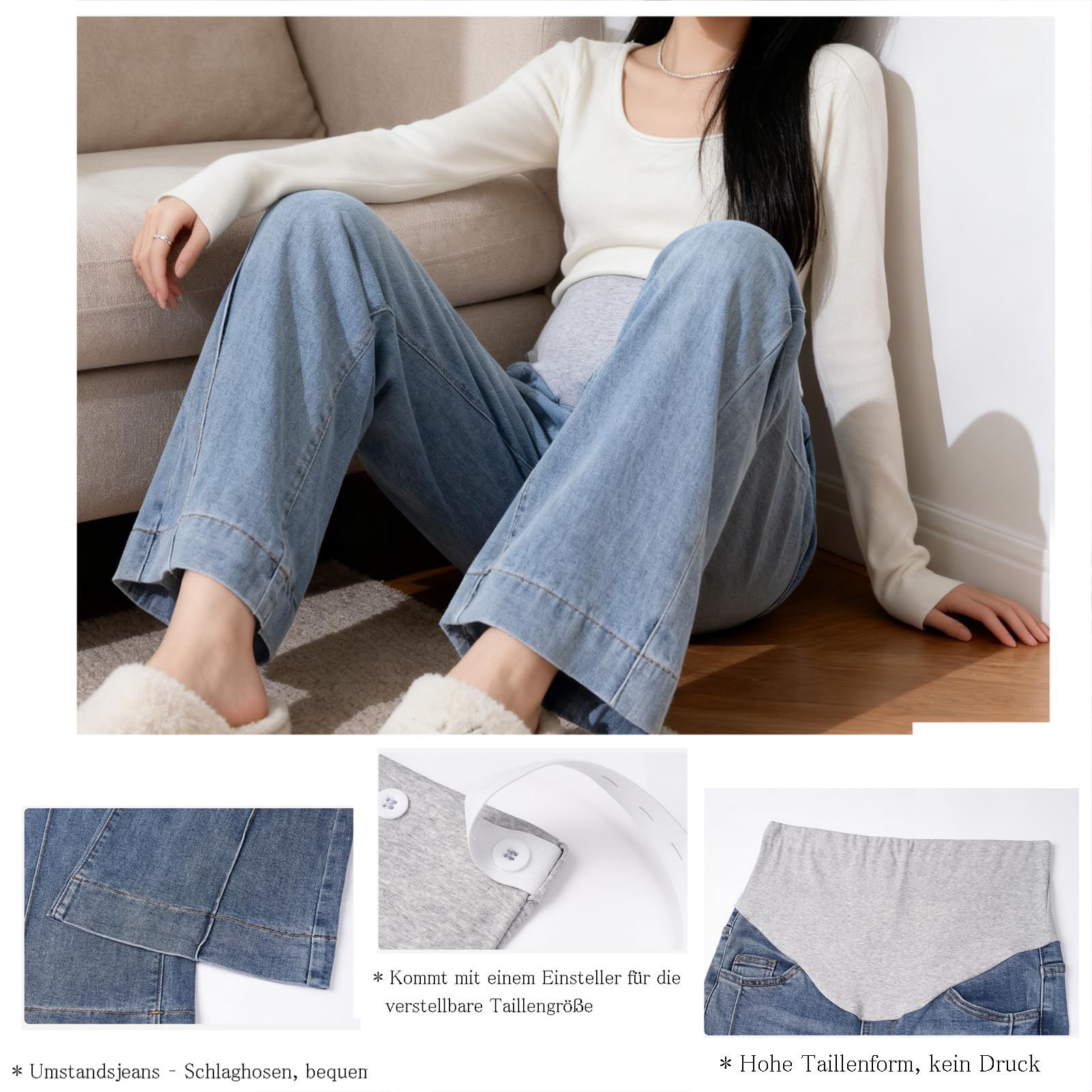 Jeans in gravidanza, da donna, in vita regolabile, larghezza Bootcut/Flare Stretch Denim Lounge Pantaloni con tasche per donne piccole fino a 170 cm