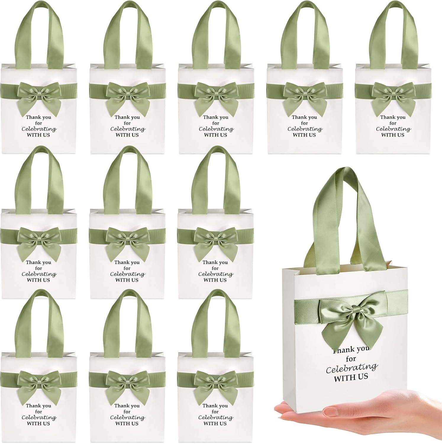 50 Pcs Wedding Gift Bags for Guests Bulk with Bow Ribbon Handles 6.2x7.2x2.5 Inch Wedding Favor Bag Thank You Gift Bags Bridesmaid Bags for Party Bridal Shower Valentine Birthday Supplies(Sage Green)