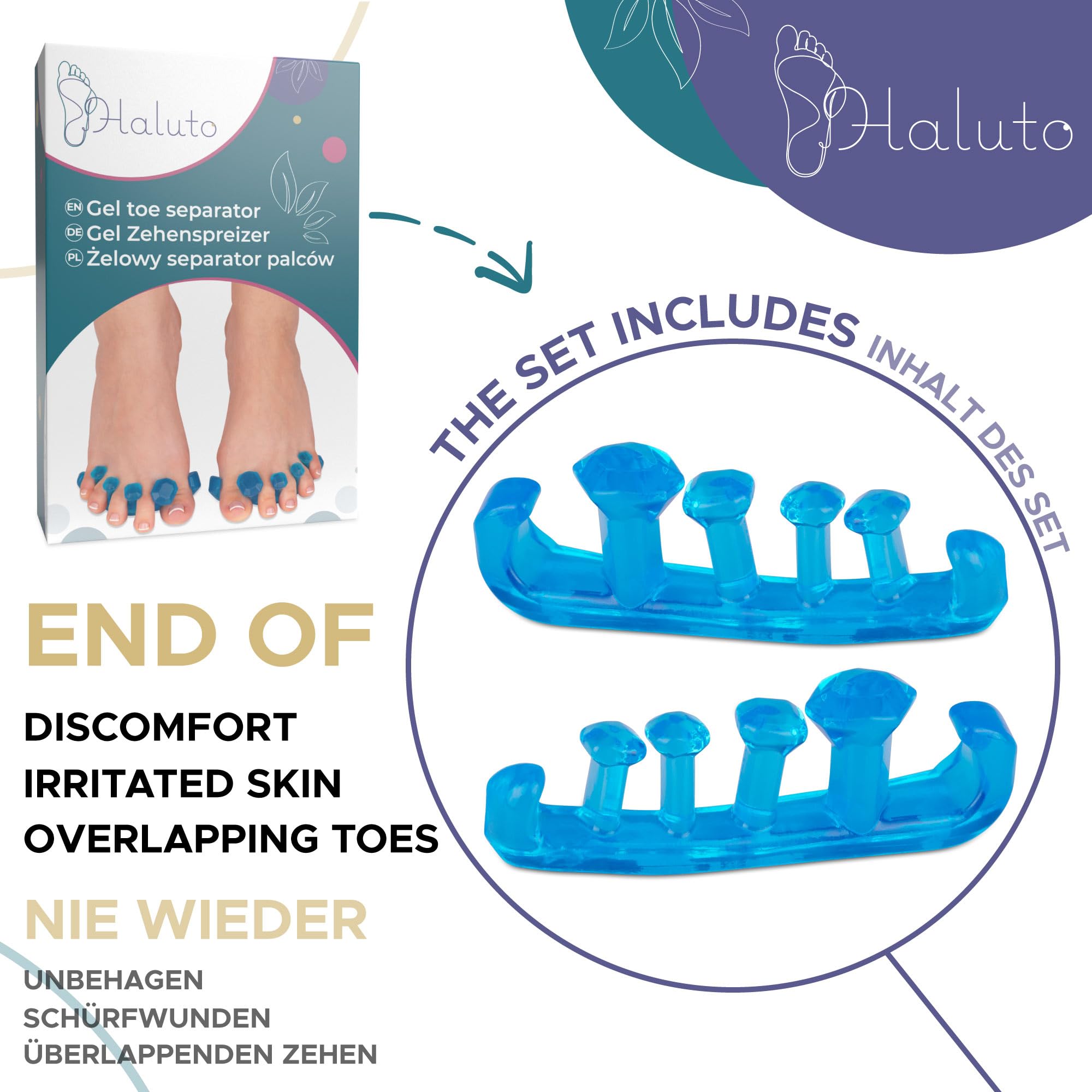 HALUTO separator palców - separator na haluksa i do pedicure - wielokrotnego użytku - korekcja palucha koślawego - separator palców silikonowy dla kobiet, mężczyzn - 3 rozmiary