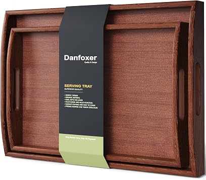 Bamboo Set of 2 Serving Trays with Handles Decorative TrayBrown