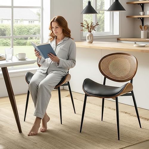 HULALA HOME Juego de 2 sillas de comedor con respaldo de ratán, modernas sillas laterales de cuero con patas de metal, cómodas para sala de