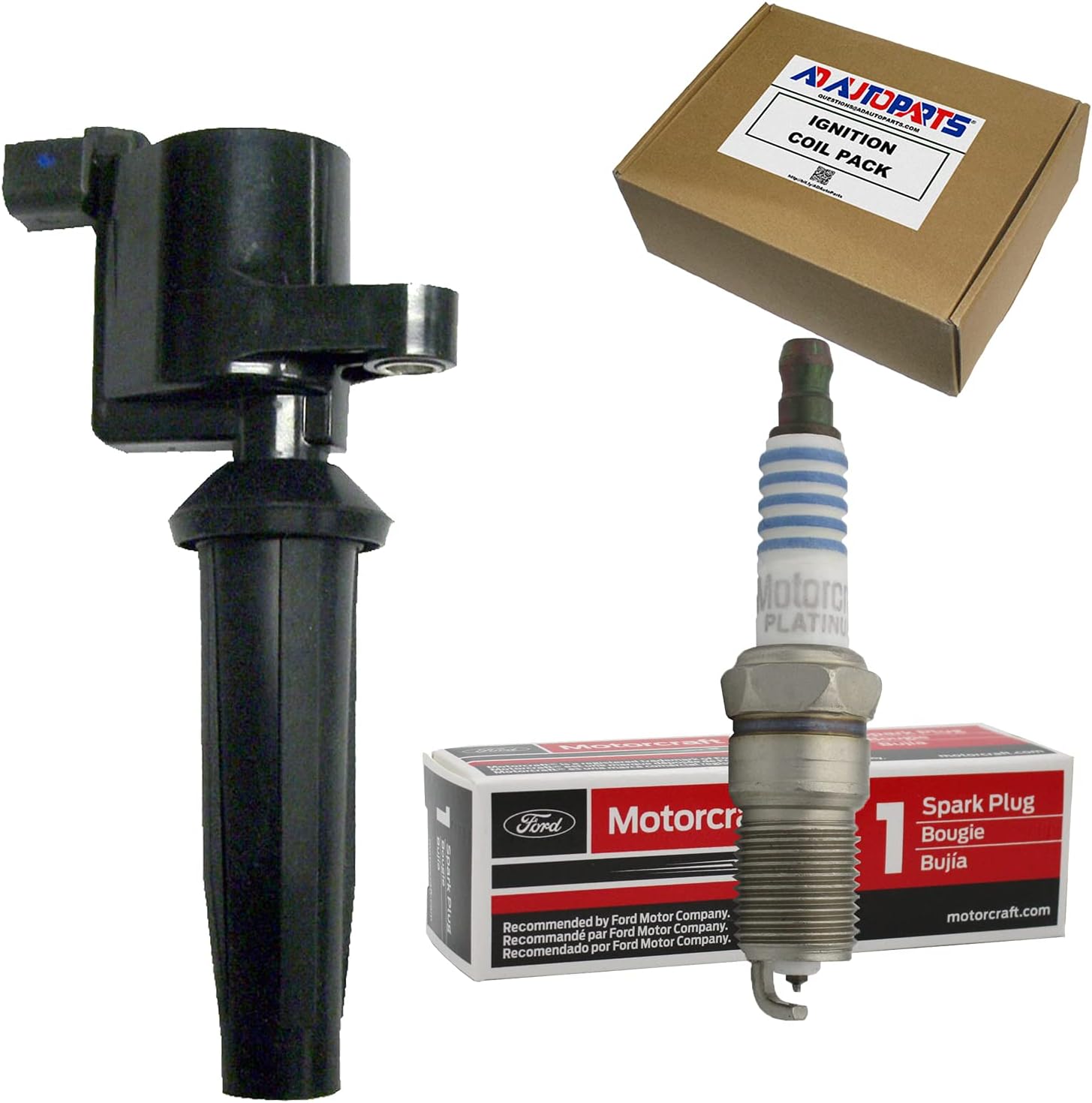 AD Auto Parts Set of 1 Ignition Coil + 1 OEM SP541A Double Platinum Spark Plug For Ford Escape, Focus, Transit Connect, Mazda Tribute, Mercury Mariner