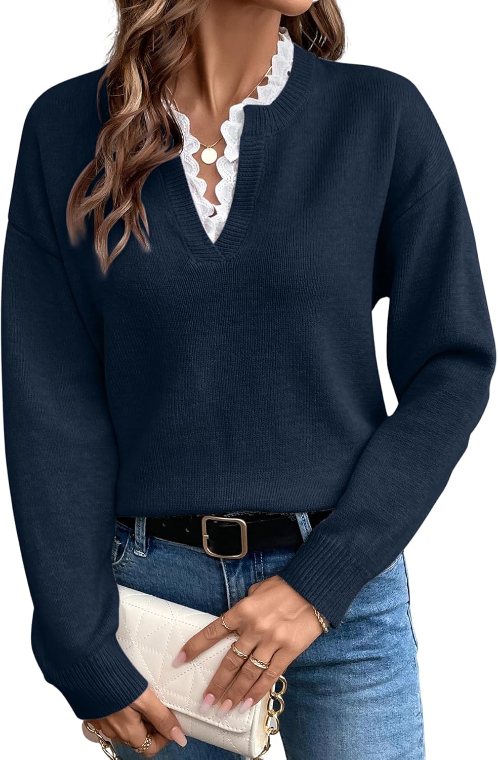 SHENHE Women's Lace Peplum Sweater 2026 Spring V Neck Casual Knit Long Sleeve Tops Elegant Lightweight Pullover Clothes