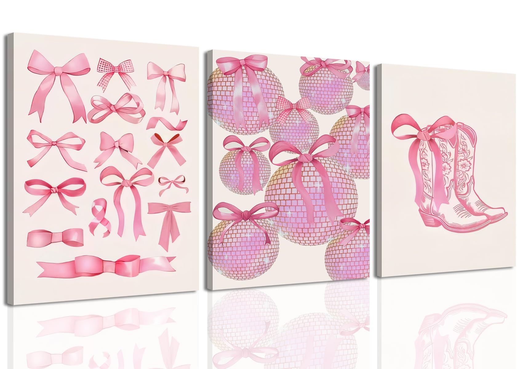 LMYSXAOZ Trendy Pink Bows Wall Art Set of 3 Coquette Decor Preppy Cowboy Boots College Apartment Teen Girl Poster Canvas Prints for Bedroom Living Room 12x16 In Framed