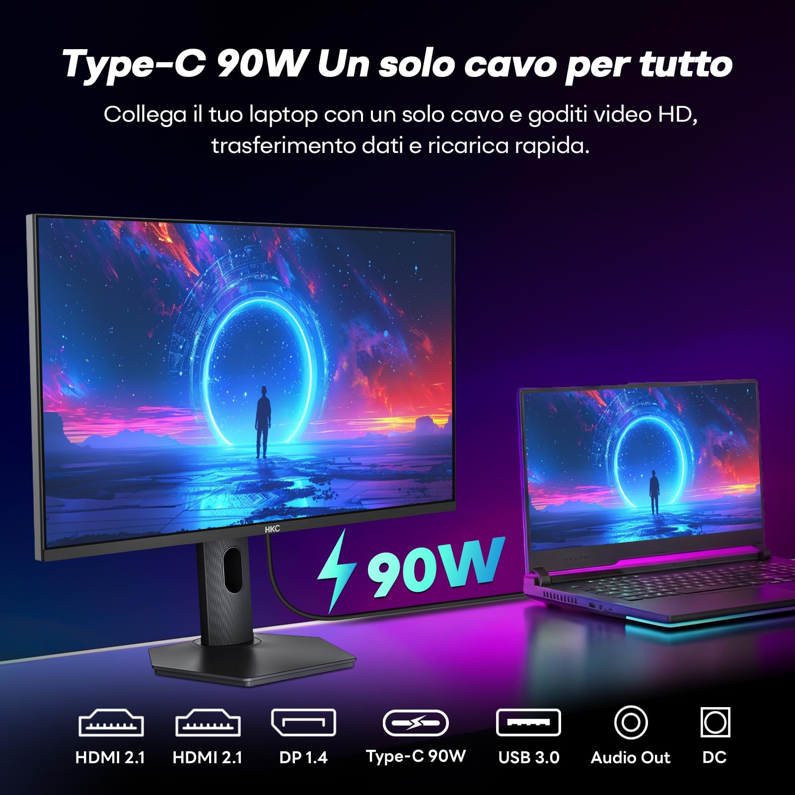 HKC Monitor Gaming Mini LED 27 Pollici, UHD 160Hz/FHD 320Hz, USB-C 90 W