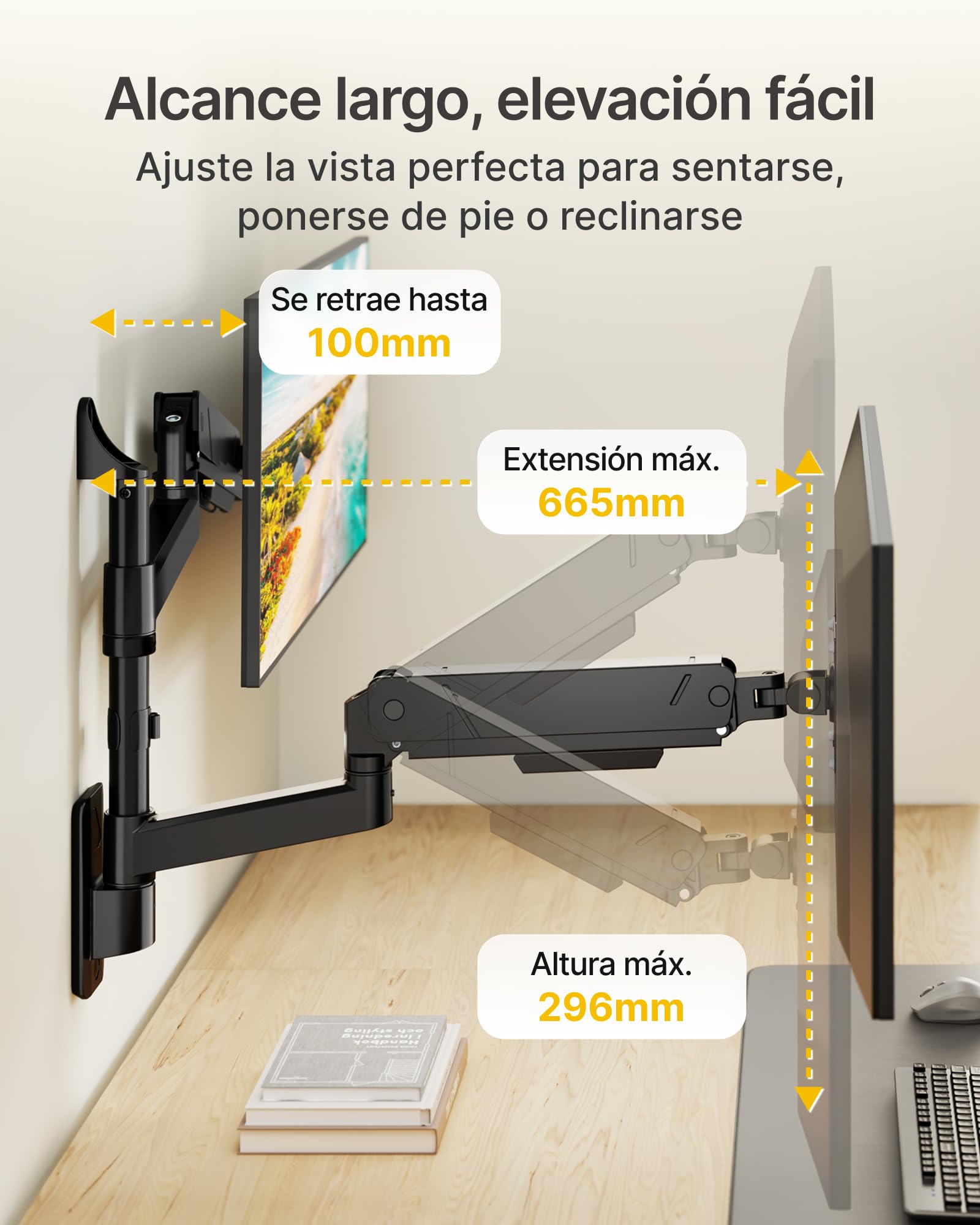 monTEK Soporte de pared para monitor dual para monitores de 17 a 35 pulgadas, carga máxima de 16 kg, brazo de monitor compatible con pantalla plana y curva, soporte de pared articulado para TV
