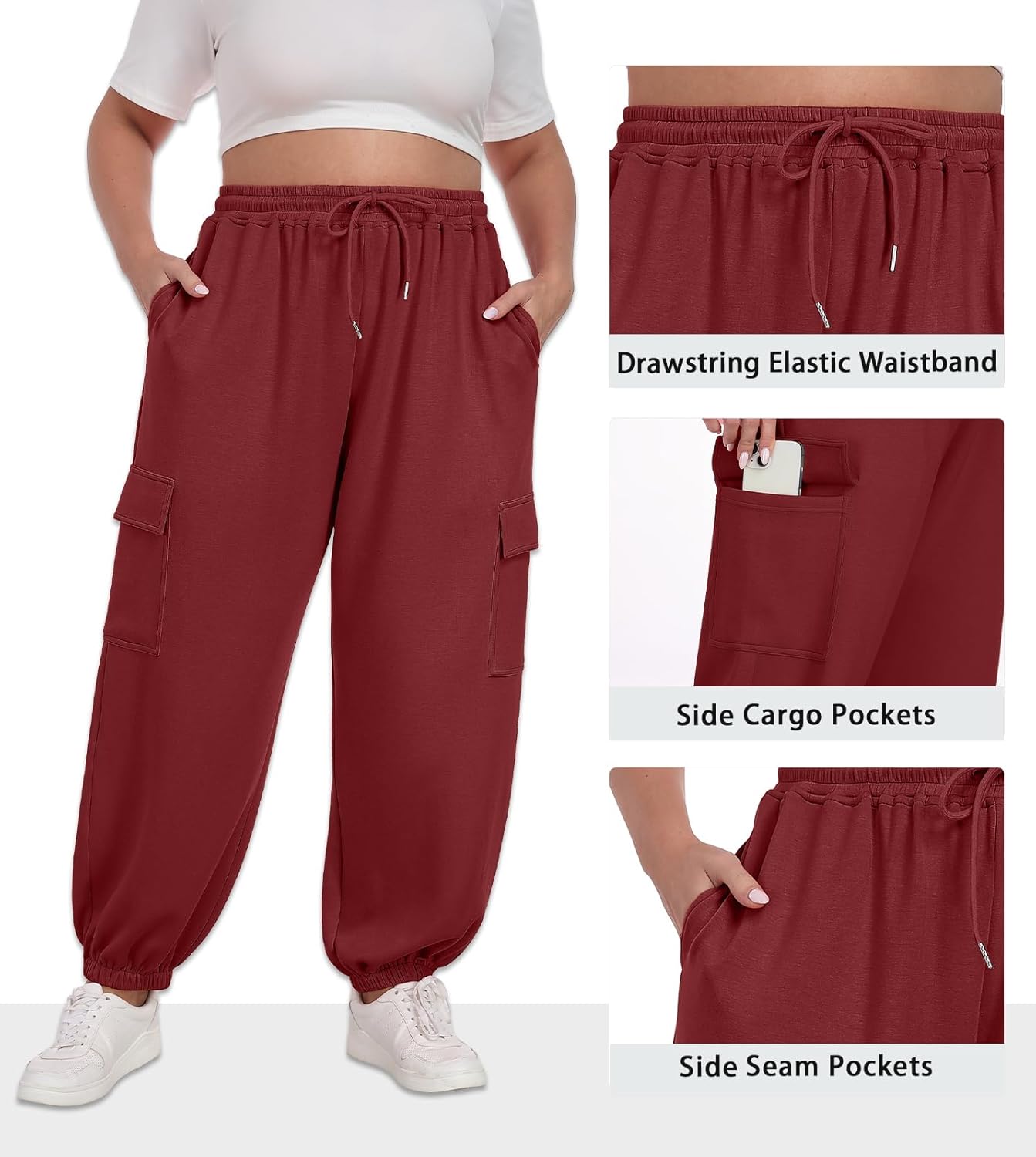 OLRIK Women Plus Size Cargo Sweatpants Adjustable Drawstring Joggers Loose Fit Lounge Trousers with Pockets Fall Winter - Image 5