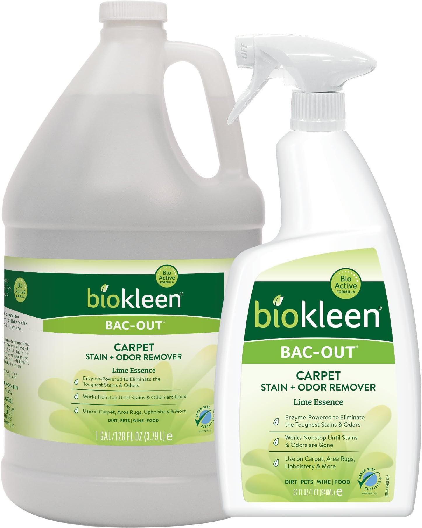 Bac-Out Stain Remover for Carpet, Clothes - 32 Ounce and Gallon Refill - Enzymatic, for Pet Stains, Laundry, Diapers, Wine, Carpets, & More, Eco-Friendly, Plant-Based
