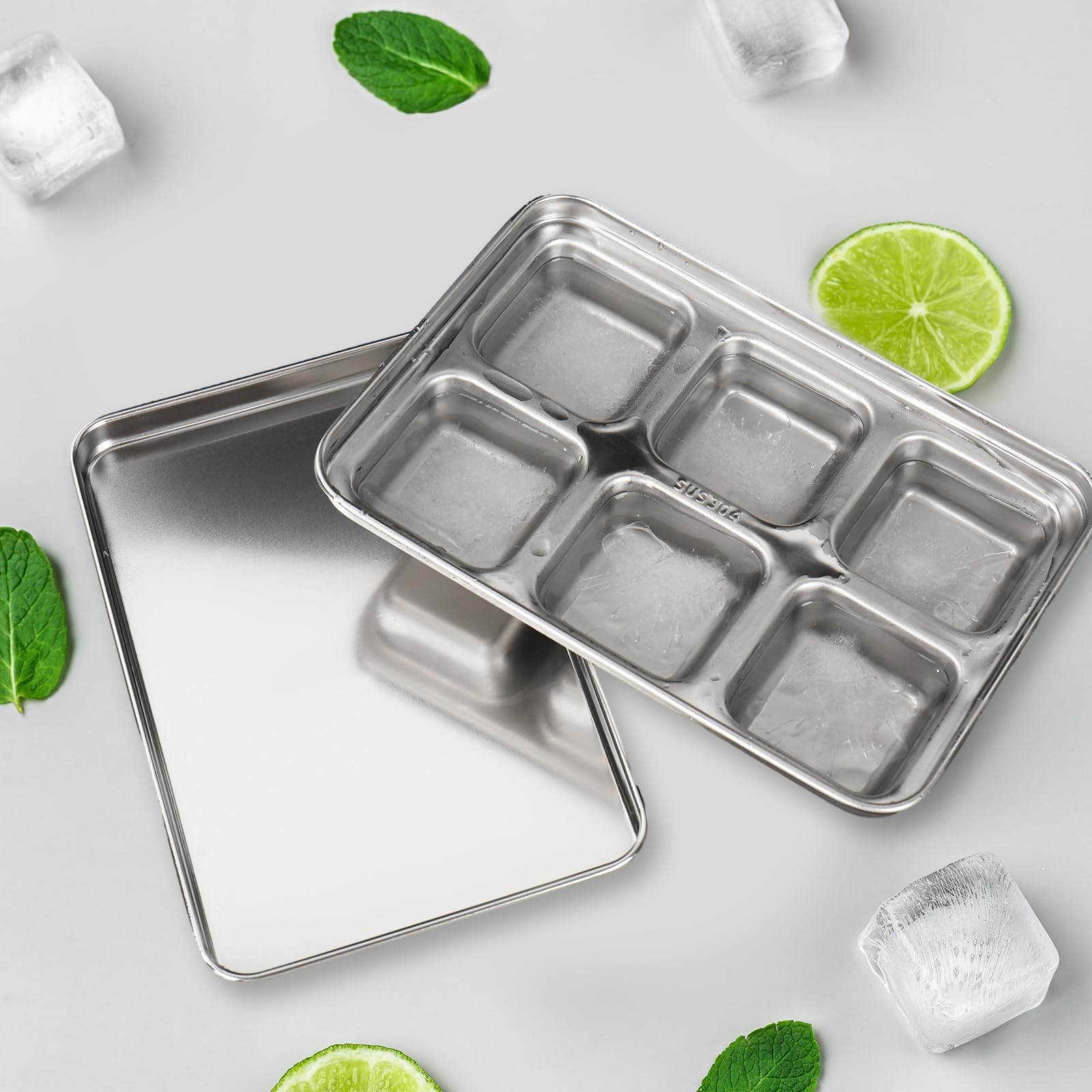FYSUIMU Paquete de 3 bandejas de hielo de acero inoxidable para congelador, bandejas de hielo de metal con tapas para el hogar, cocina, bar, cóctel, whisky