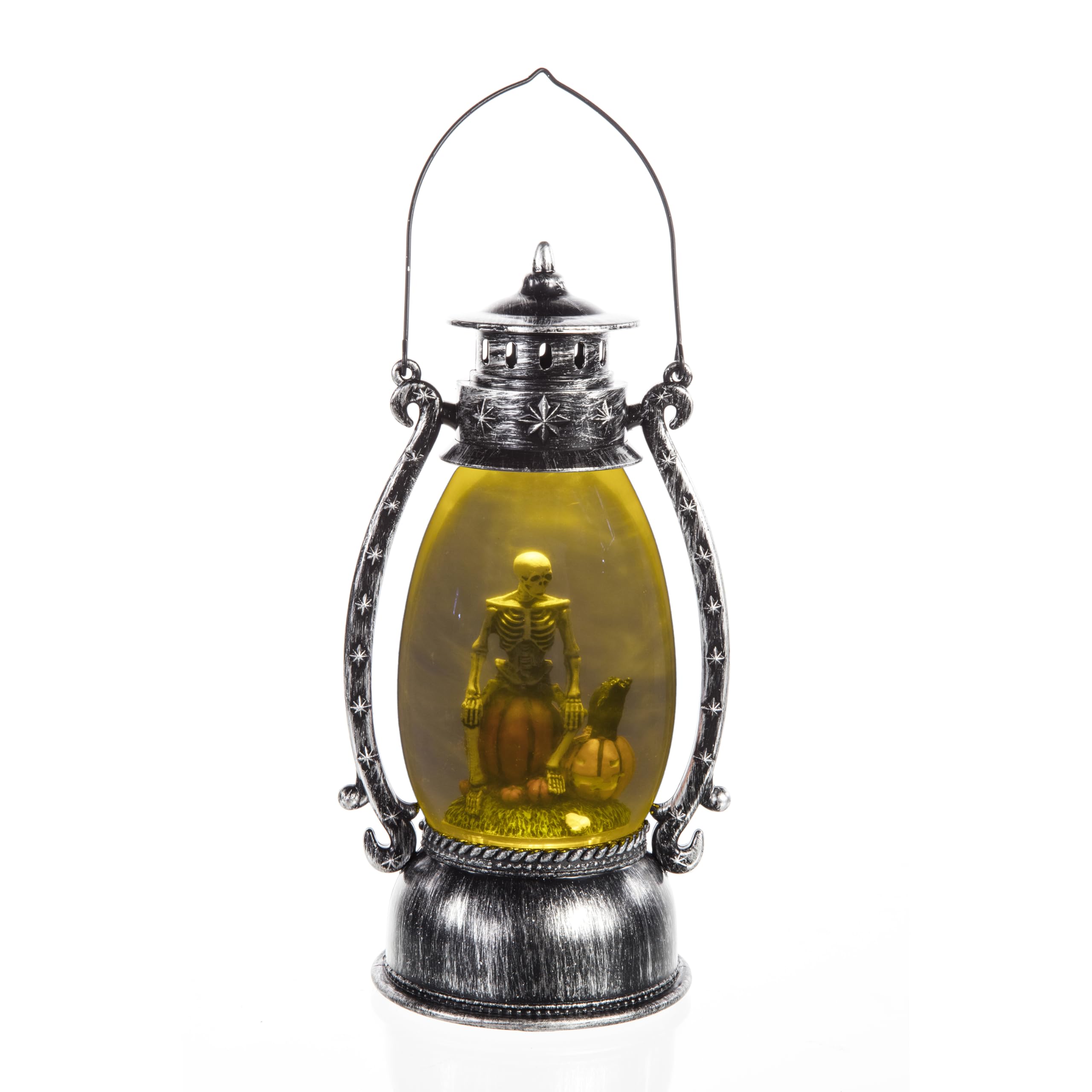 Premier Yellow 26Cm Halloween Lit Fog Effect Lantern With Skeleton Scene – Led Warm White Light – Battery Operated Indoor Tabletop Decoration