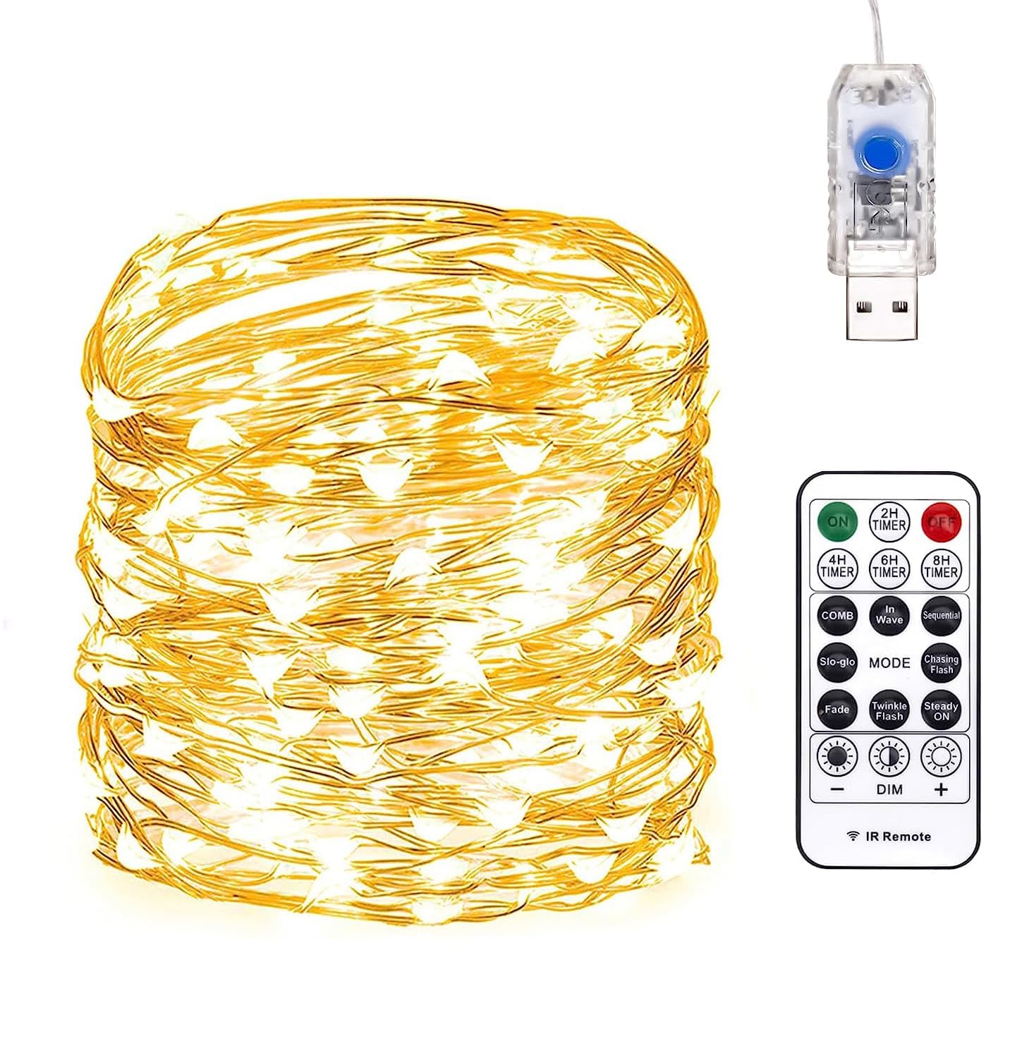 Tycom LED Copper Wire String Lights with Remote Control - Outdoor Festival Decoration Lantern - USB Plug in Copper Wired Lights for Decoration, 10 Meter Long 100 Lights Warm White.