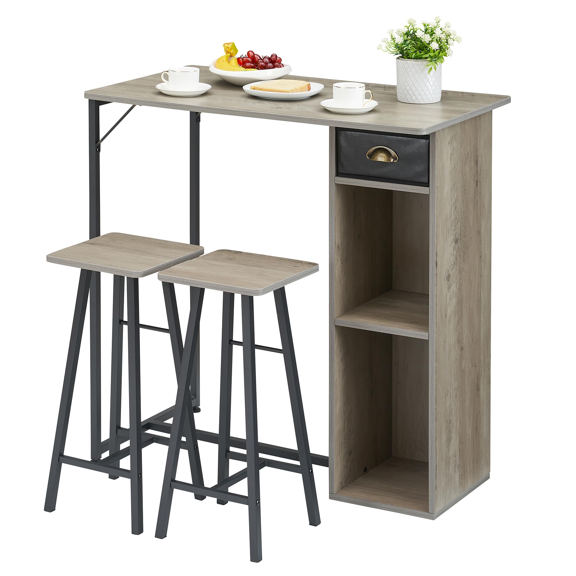 Garvee 3-teiliges Bartisch-Set, küchentisch für 2 Personen, Bartisch Mit Barhocker Tisch mit Metallgestell und Schublade, inklusive 2 Stehhockern und 2 Ablageflächen