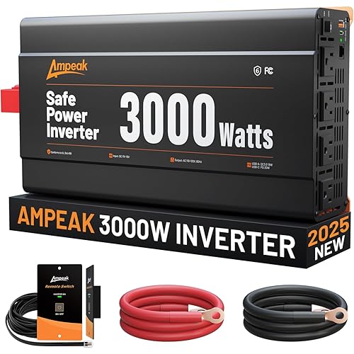 Ampeak 3000W Power Inverter, Inverter 12V to 110V Modified Sine Wave, High Conversion Efficiency 89%,USB Port 18W PD 30W, 4 AC Outlets Inverter for Camping