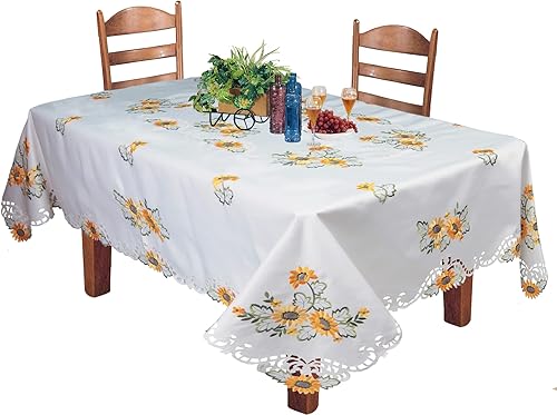 Miniatura 1 de Creative Linens Mantel de girasol bordado Cutwork Mantel 70x 90 rectangular con 8servilletas color blanco