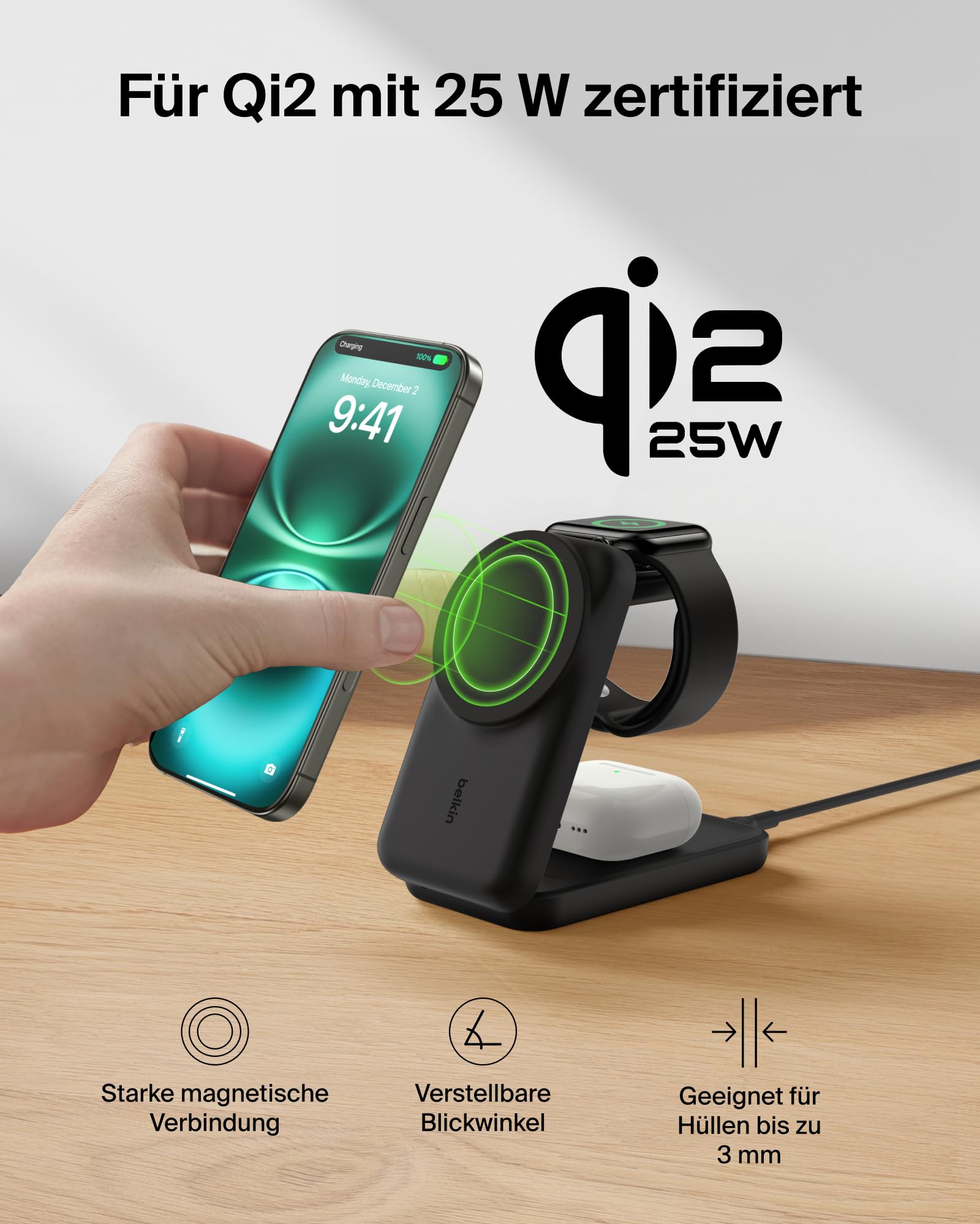 Belkin UltraCharge 3-in-1 Ladestation mit Qi2, 25W, MagSafe Kompatibel, Induktive Ladestation für iPhone 17, iPhone Air, Apple Watch, AirPods, 45W Adapter - Schwarz
