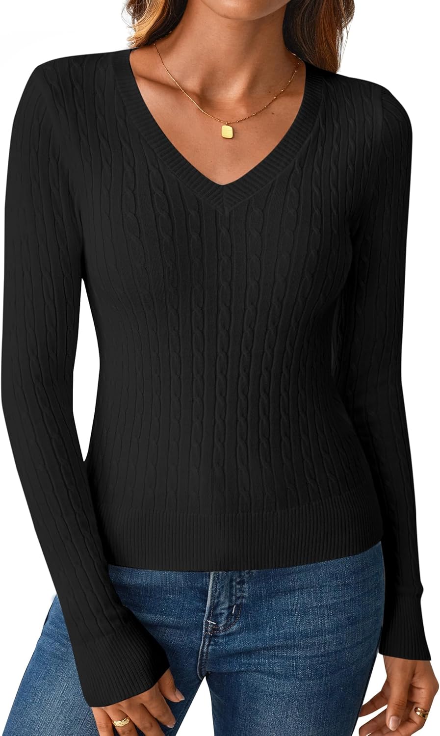 Women's Long Sleeve V Neck Cable Knit Sweater Jumper 2025 Fall Pullover Top Cute Soft Ladies Dressy Casual Outfits