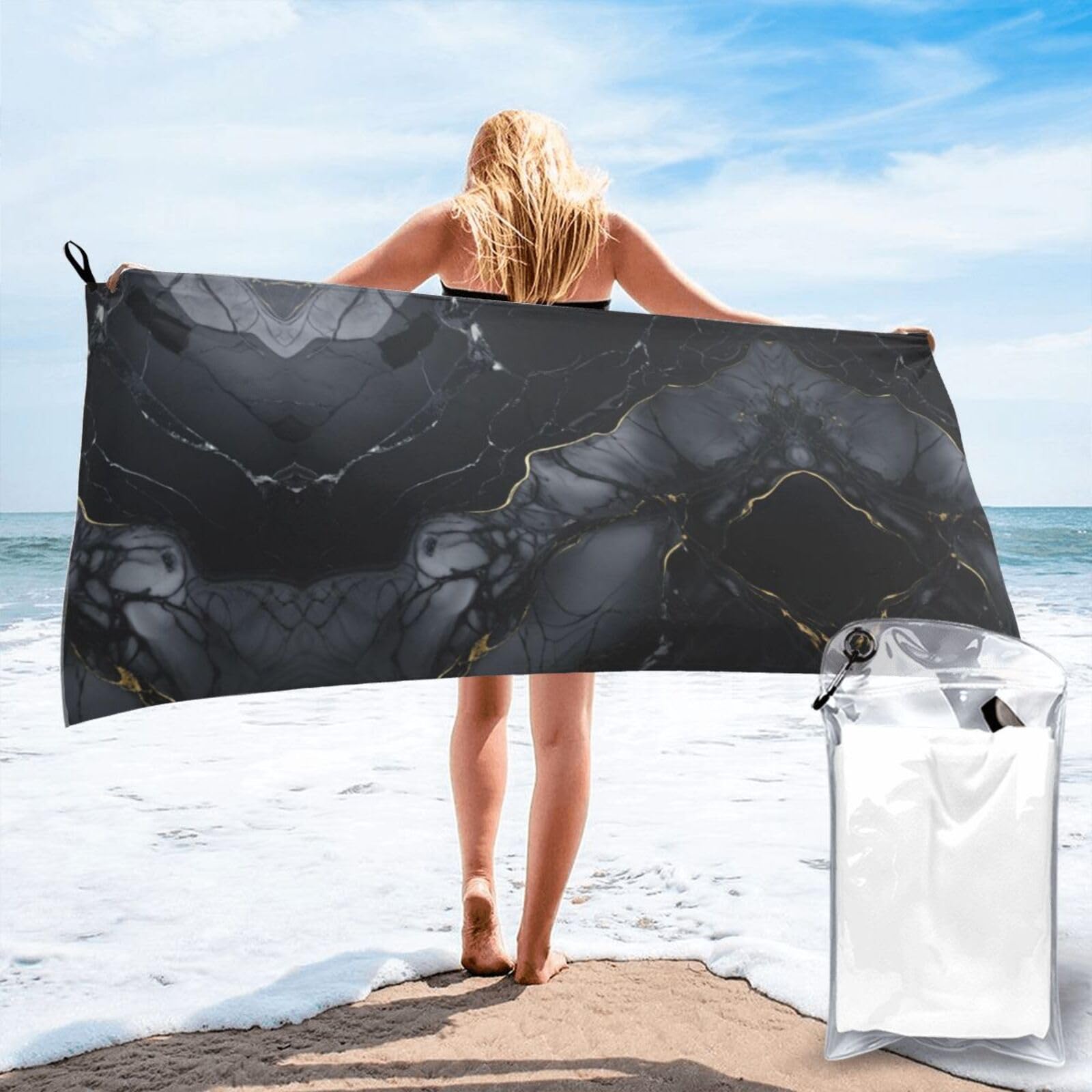 AYYQWE Black Marble Print Lightweight Towel For Men Women Travel Beach Camping Hiking Yoga Swimming Sports