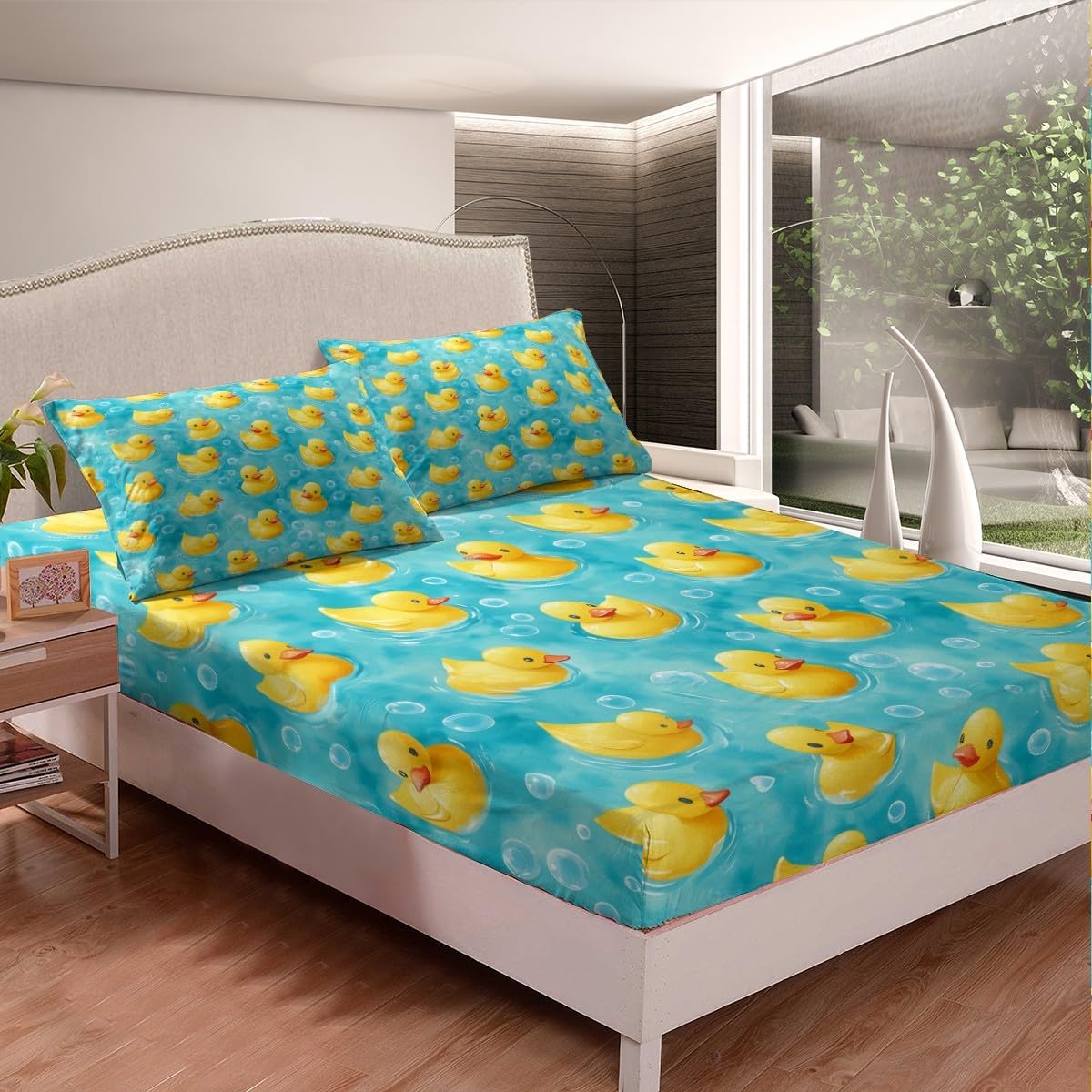 Erosebridal Funny Duck Twin Fitted Sheet,Yellow Rubber Duck Bedding Set for Kids Boys Girls, for Pet Lovers Duck Bottom Sheets,Cartoon Animal Print Bed Set 2Pcs