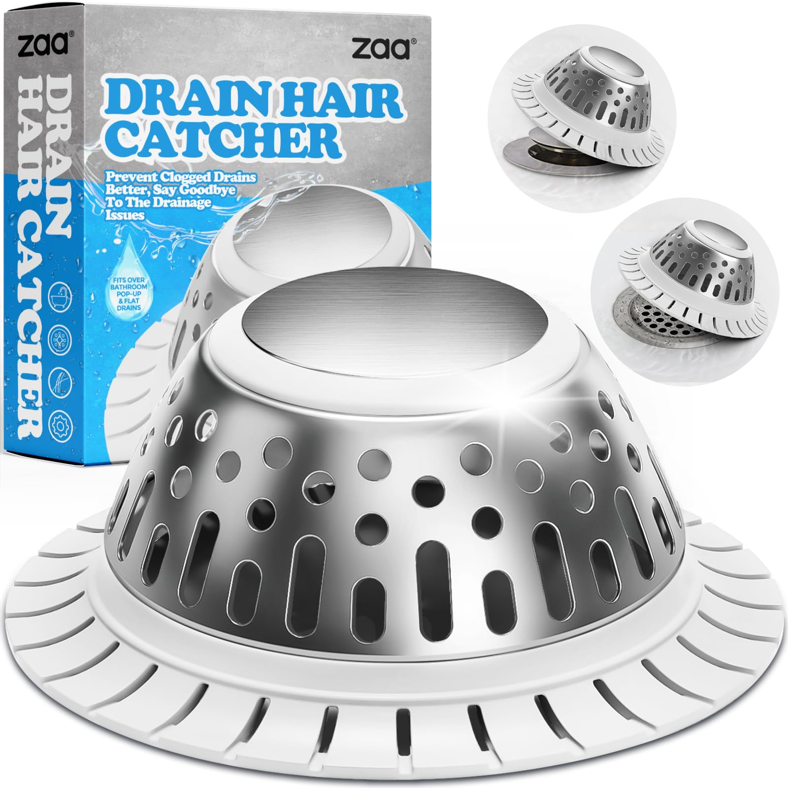 zaa Drain Hair Catcher - Bathtub Drain Cover, Hair Stopper for Bathtub Drain, 304 Stainless Steel Drain Protector and Hair Trap for Flat &amp; Pop-up Drains, Silver White