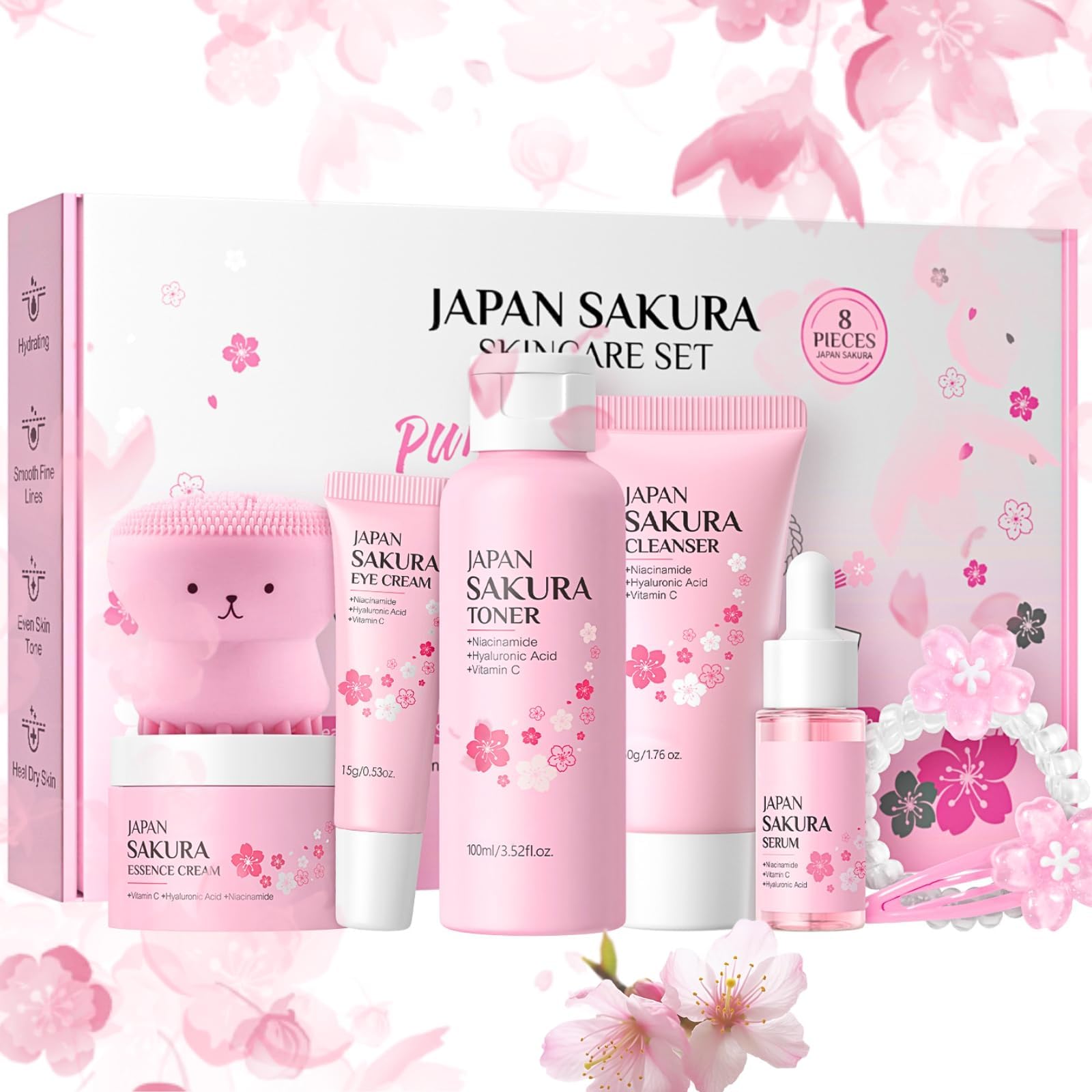 Sakura Skin Care Sets & Kits, Girls Pamper Set, Teenage Girls Gifts - Cleanser, Serum, Eye Cream, Face Cream, Hand Cream, Sleeping Mask, Mud Mask (Skin Care Sets & Kits(8PCS))