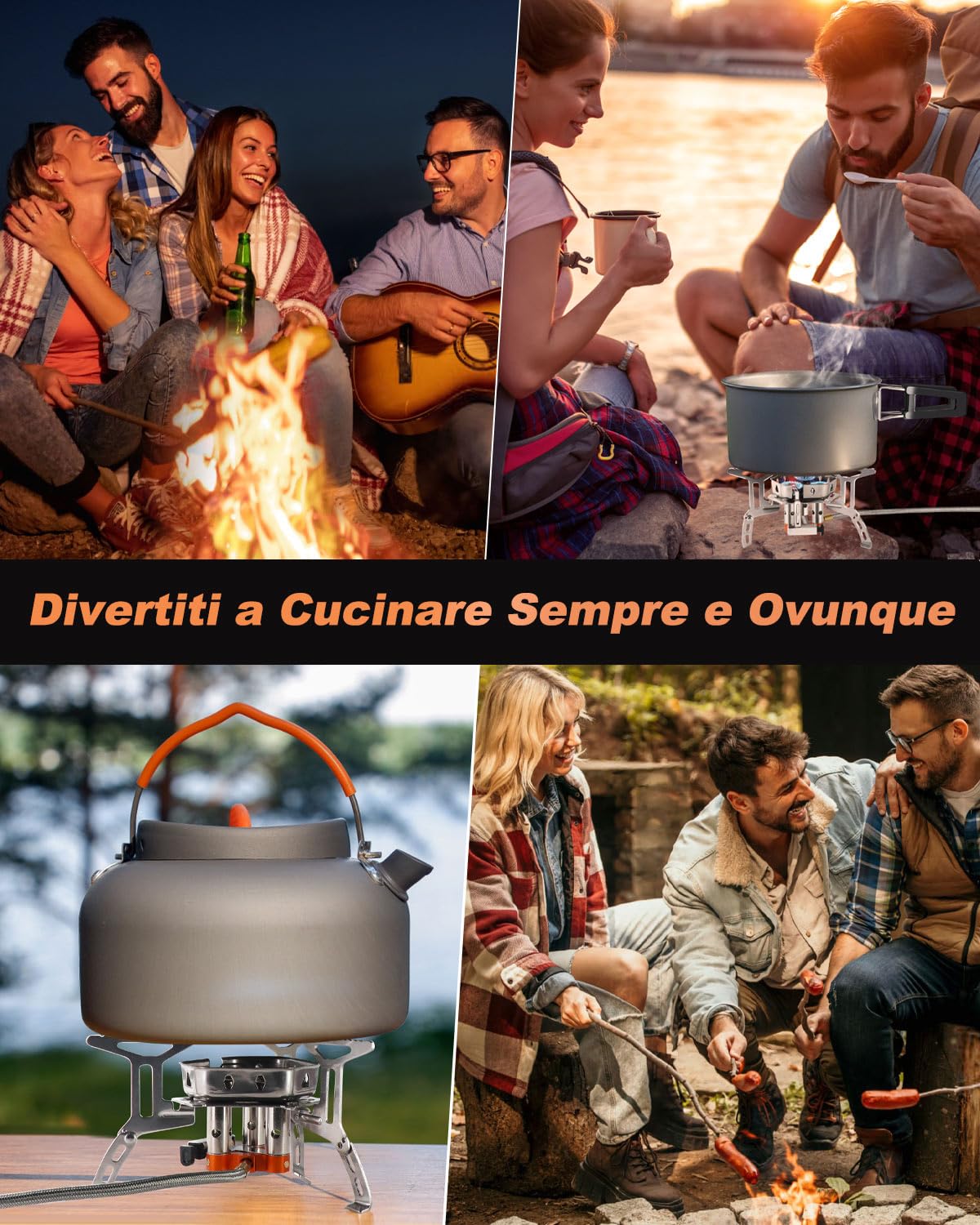 AUTOPkio 6800W Fornello da Campeggio, Portatile Antivento Stufa Campeggio | con 3 Teste di Bruciatore Piezoelettrica, Fornellino a Gas da Campeggio per Outdoor Picnic Trekking