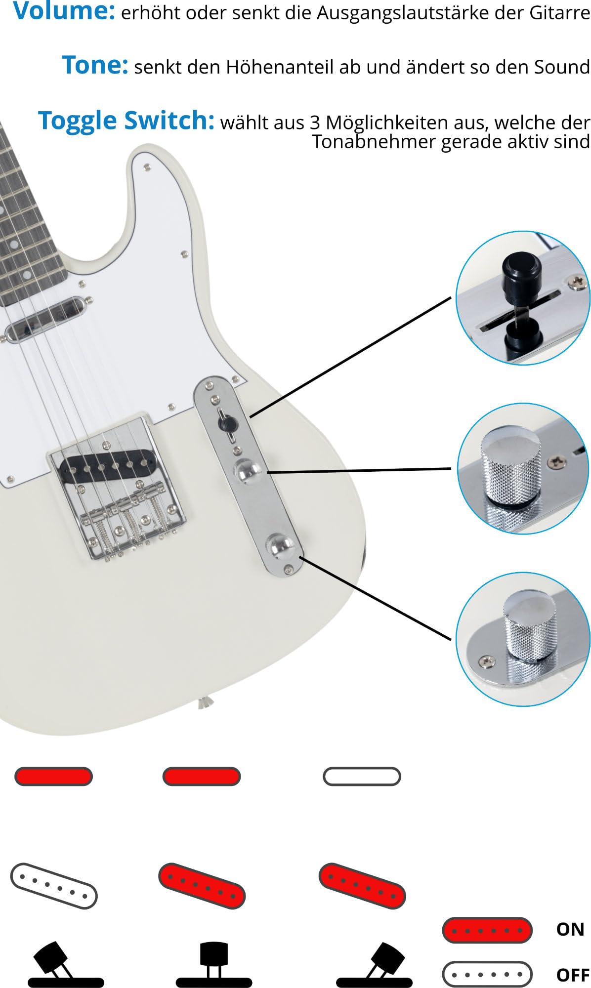 McGrey Rockit TL-Style Komplettset E-Gitarre (8-teiliges Anfängerset mit Gitarre, Verstärker, Ersatzsaiten, Gitarrentasche, Stimmgerät, Plektren, Gurt und Gitarrenkabel) Antique White