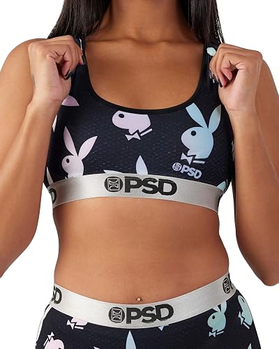 PSD Womens Underwear Playboy Graphic Print Sports Bras, Packs & Singles | Breathable Medium Support Sports Bras for Women with Anti-Chafing Seams, Racerback Bras for Women, Womens Loungewear Bras - Small - Playboy Glow