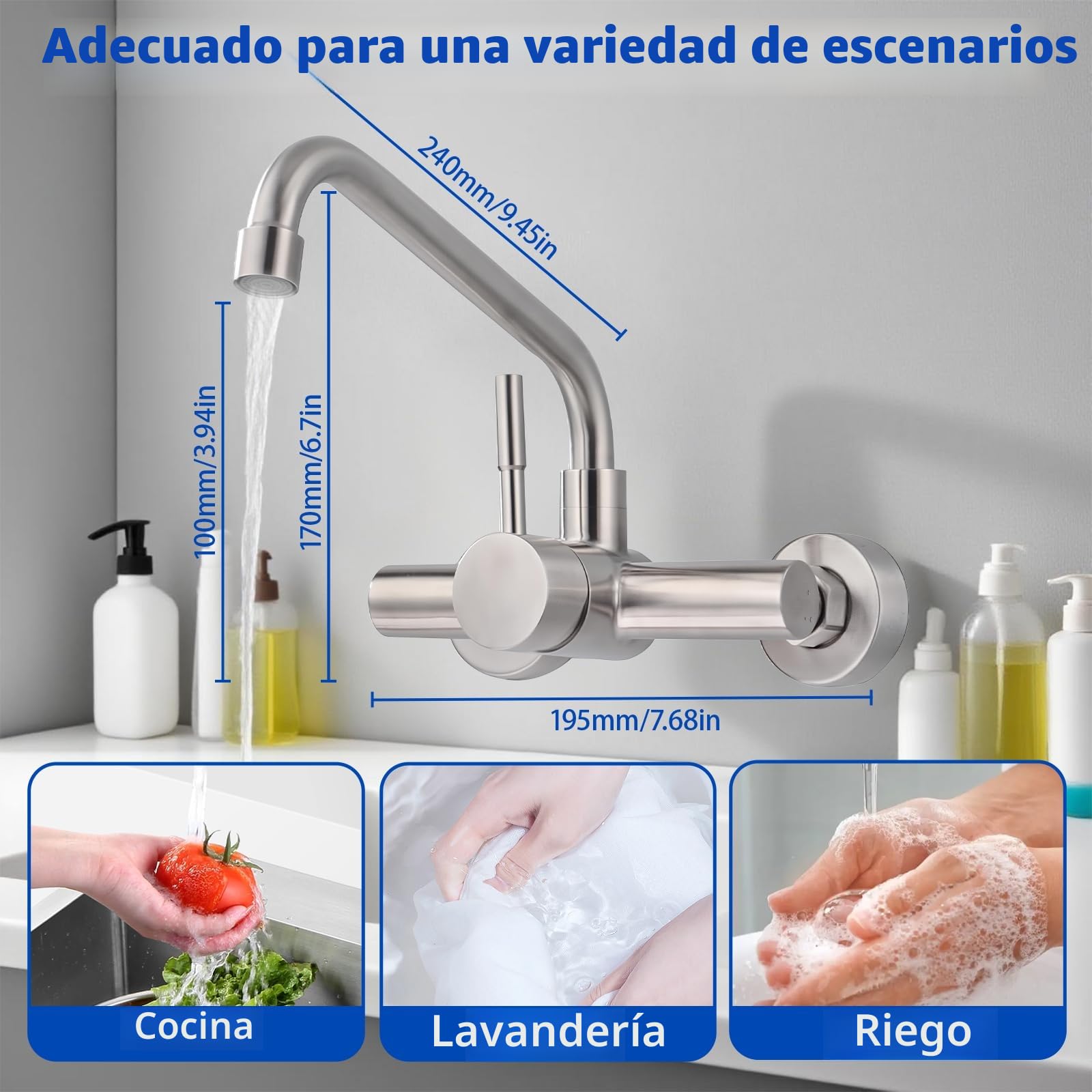 Grifo Cocina en la Pared con 2 Modos, Grifería de Fregadero Giratorio a 360​°, Mezclador Monomando de Acero Inoxidable 304, Aireador Extraíble, Agua Fría y Caliente, Cepillado