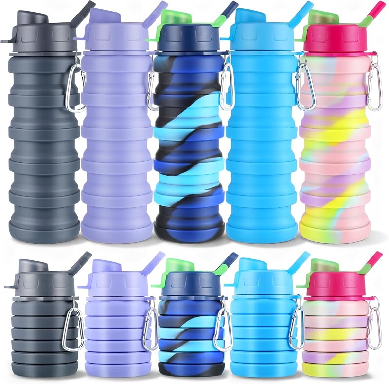 5 botellas de agua plegables, botella de agua portátil de 16 oz con | Clip de Metal plegable de silicona a prueba de fugas, botella de agua de viaje, botellas de agua zapatillas reutilizables para viajes, Camping, senderismo y ciclismo