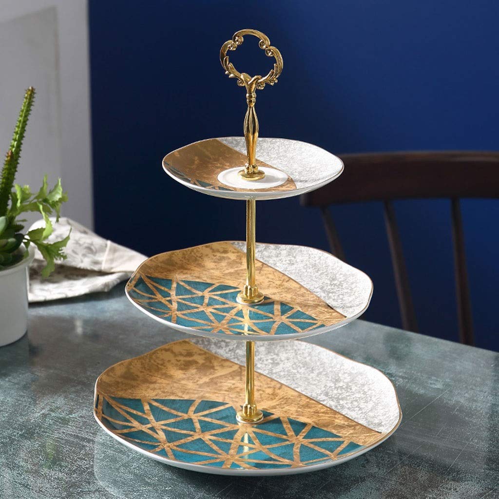 Alzata per Dolci 3 Piani,Alzata per Torta in Ceramica A Forma di Fiore retrò Europea, Cremagliera della Caramella del Dessert della Linea Geometrica Creativa, Decorazione del Desktop